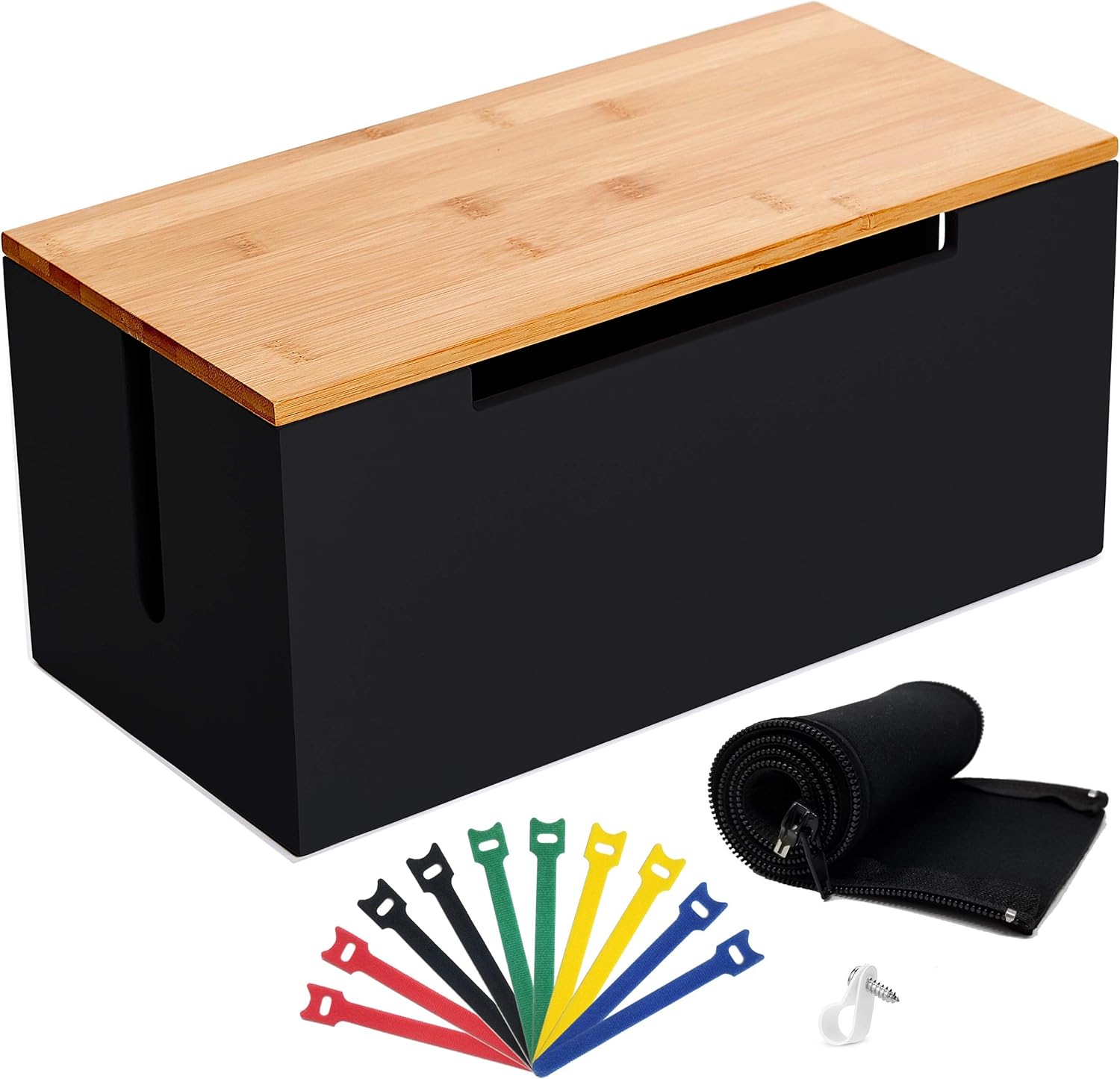 QH Goods Bamboo Cable Management Box Organizer Storage Large Wood Cord Cover for Floor Under Desk to Hide and Hold Power Strip, TV, Router, Computer, USB Hub, and Electrical Outlet Plug Wire (White) Pack of 2