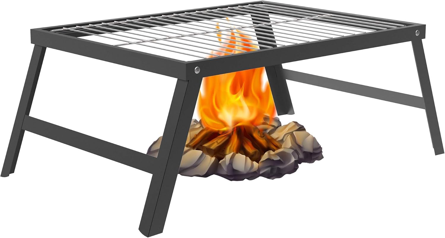 Foldable Campfire Grill - Easy to Clean the Detachable 304 Stainless Steel Grate, Camping Barbecue Grate for Grilling & Cooking Directly, Outdoor Campfire Ideal Barbecue Grill (Black)