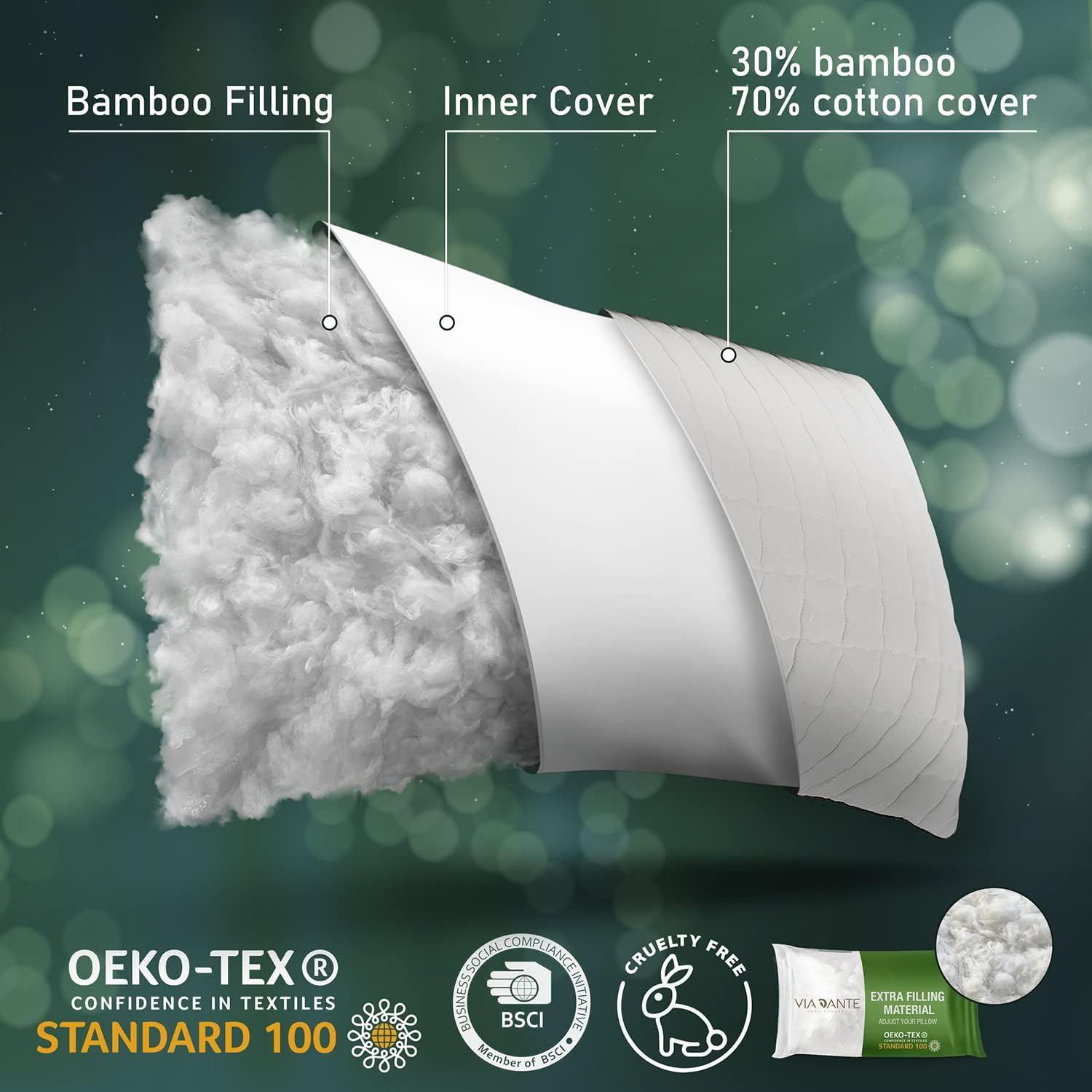 ViaDante Luxury Bamboo Pillow- Adjustable Pillow with Natural Bamboo Fill. Soft or Firm Support for Back, Stomach & Side Sleepers. Oeko- TEX Certified Best Pillow for Neck Pain and Headaches.