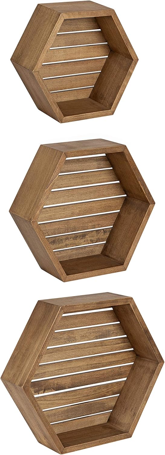 Kate and Laurel Putnam Hexagon Shelf, Set of 3, Gold, Dynamic Geometric Wall Decor and Storage Pack of 2