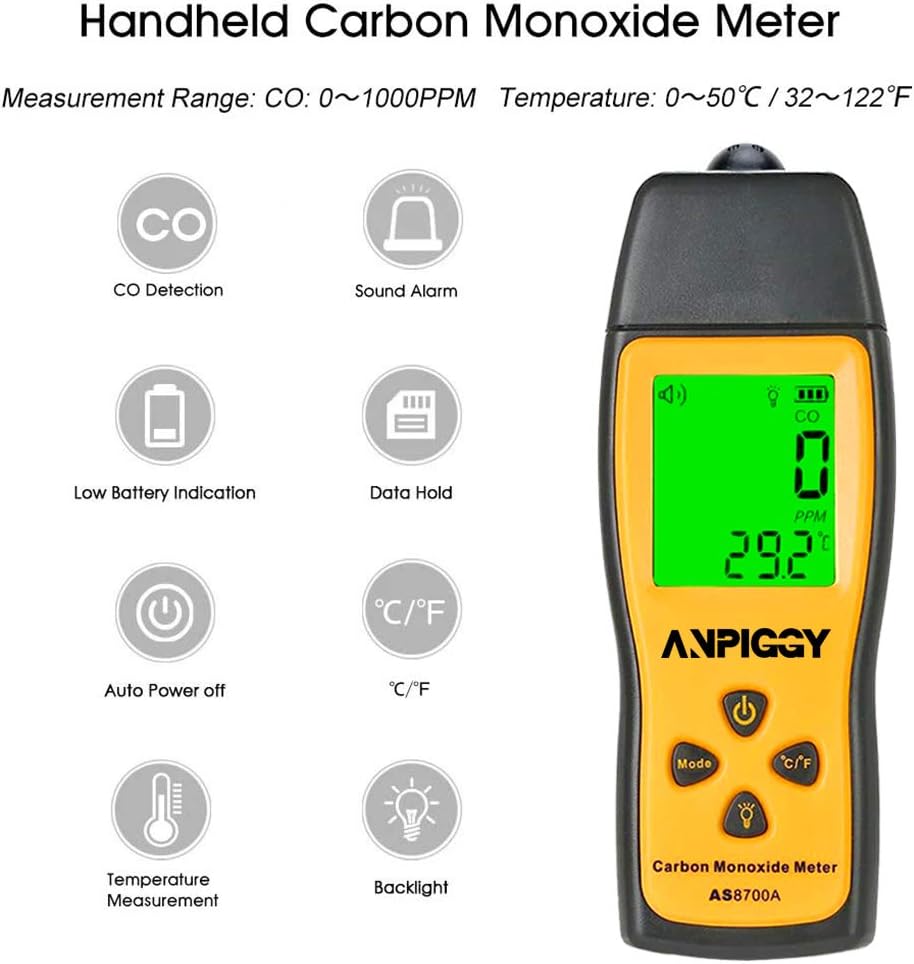 ANPIGGY Handheld Carbon Monoxide Meter,High Precision Carbon Monoxide Tester and Detector,Portable CO Gas Leak Detector,LCD CO Meter 0～1000ppm Pack of 2