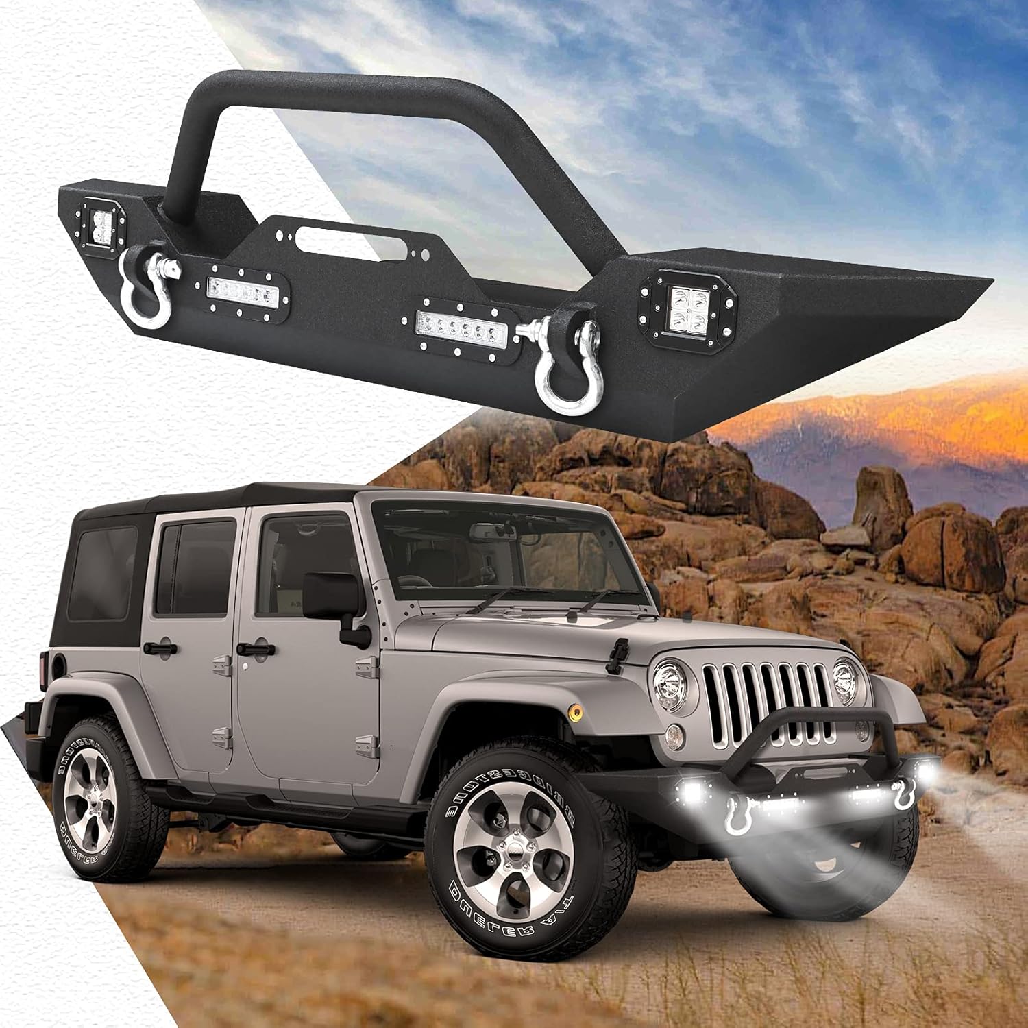 DING.PAI JK Front Bumper with 2 Square LED Light Pods + 2 Work Light Bars + Winch Plate + 2 D-rings, Black Heavy Duty Front Bumper for 2007-2018 Wrangler JK JKU, Full Width Off Road Bumper Accessories