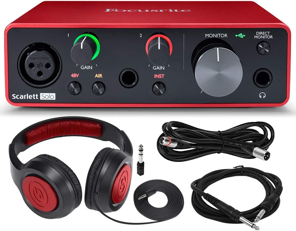 Focusrite Scarlett Solo USB Audio Interface (3rd Generation) + Samson SR360 Over-Ear Dynamic Stereo Headphones, Cables and Accessories