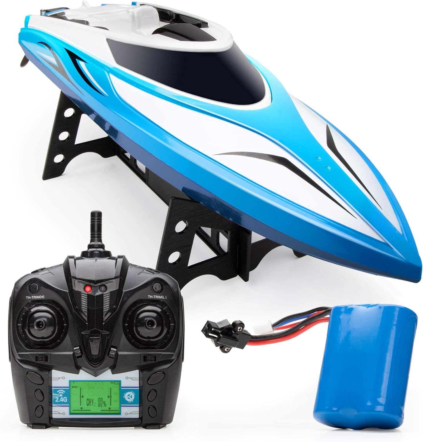 Force1 Velocity H102 RC Boat - Remote Control Boat for Pools and Lakes, Fast RC Boats for Adults and Kids with 20+ mph Speed, 4 Channel 2.4GHZ Remote Control, and Rechargeable Boat Battery (Blue) Pack of 2
