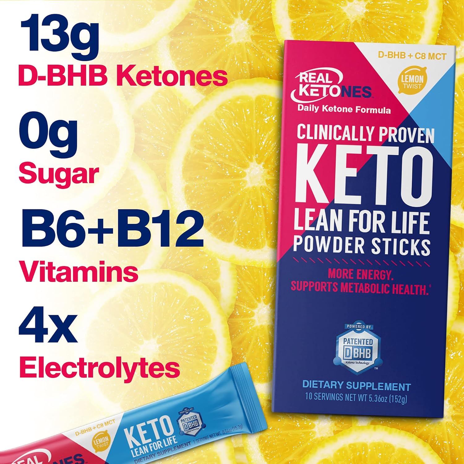 Real Ketones Exogenous Keto D BHB + MCT + Electrolytes, Caffeine Free Drink Mix Powder, 30 Packets, Lemon Twist for Rapid Ketosis Pack of 2