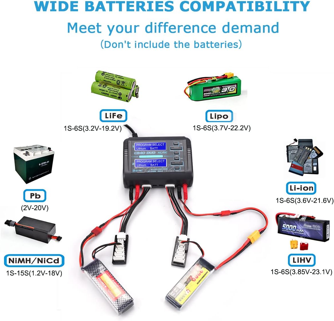 HTRC LiPo Charger Dual RC Charger 1-6S Balance Battery Discharger C240 AC150W DC240W 10A for Li-ion Life NiCd NiMH LiHV PB Smart Batteries