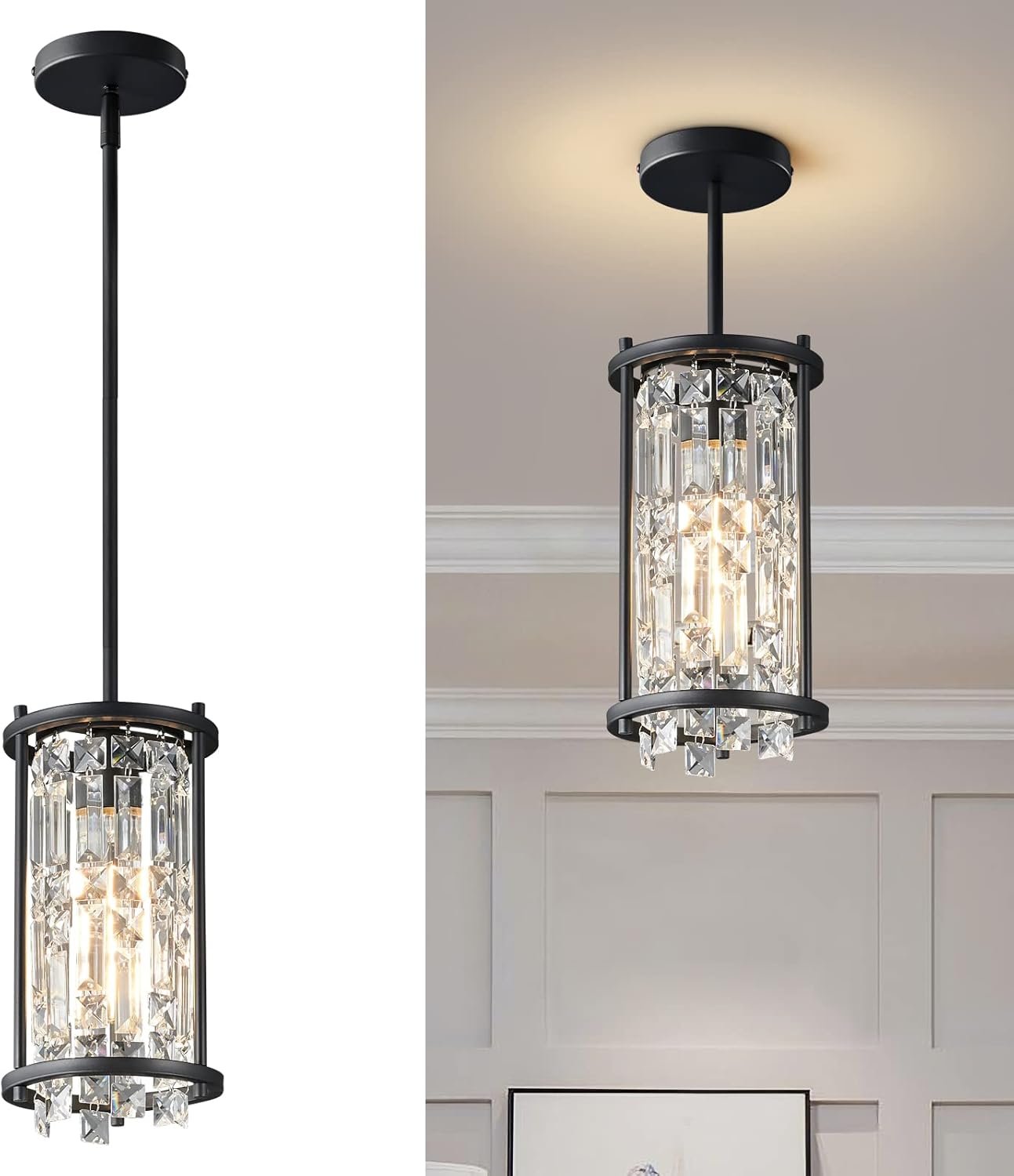 LMQNINE Dining Room Light Fixture Farmhouse Chandelier Black Metal Crystal Pendant Light for Kitchen Island Dining Room Living Room Flat and Inclined Ceiling (Rectangular -35.43in)