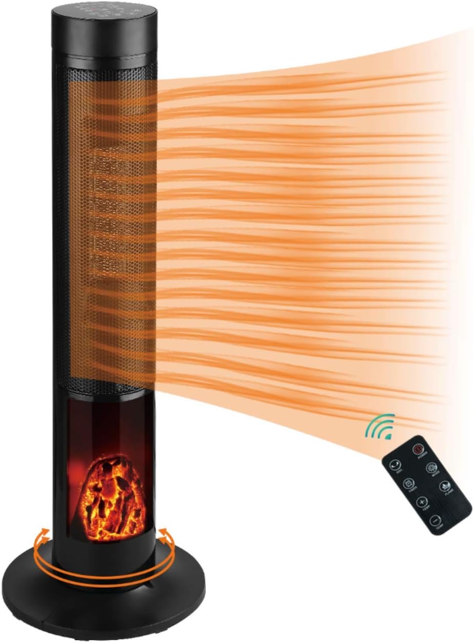 Electric Tower Space Heater 12h Timer Shaking Angle Tip-Over and Overheat Protection with Remote Control and Simulated Flame size 11.8