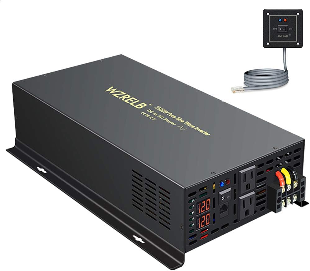 WZRELB Power Inverter Pure Sine Wave 3500W 12V DC to 110V 120V with Remote Control Dual AC Outlets for RV Car Solar System