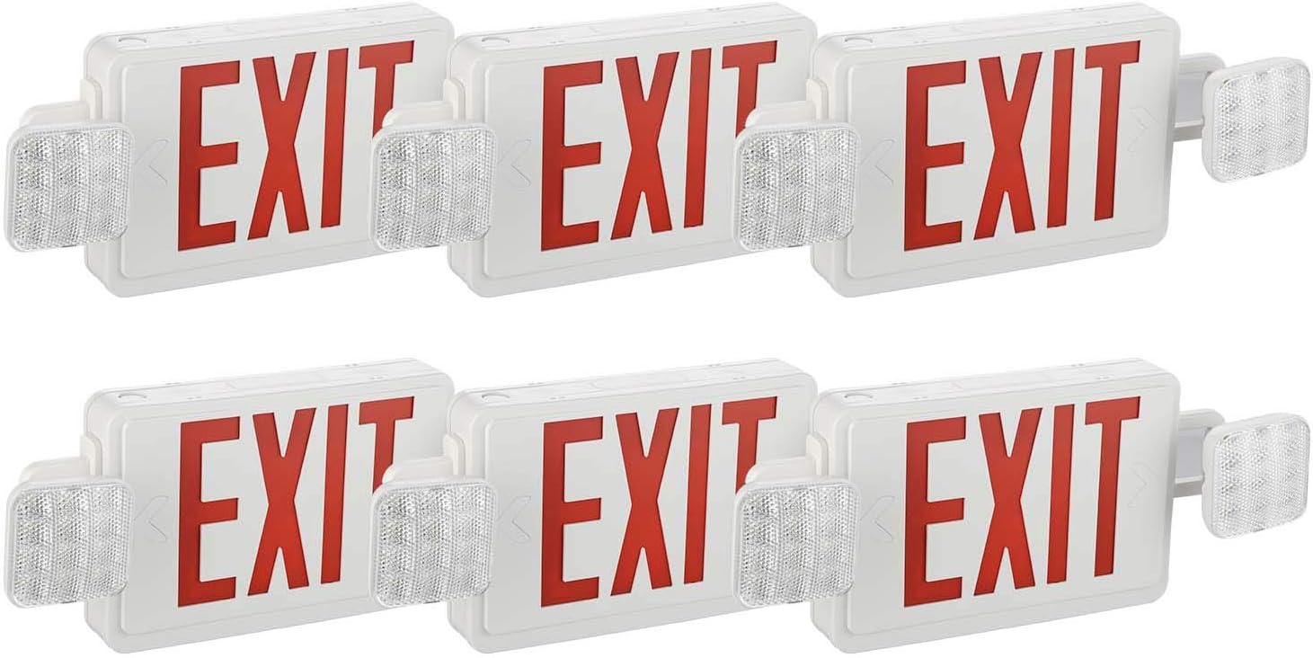 EEDITLUX 6 Pack Red Led Emergency Exit Lights with Battery Backup-Two LED Adjustable Head Emergency Exit Lights -US Standard UL Listed &CEC Qualified-120V-277V-Emergency Lights for Home Power Failure