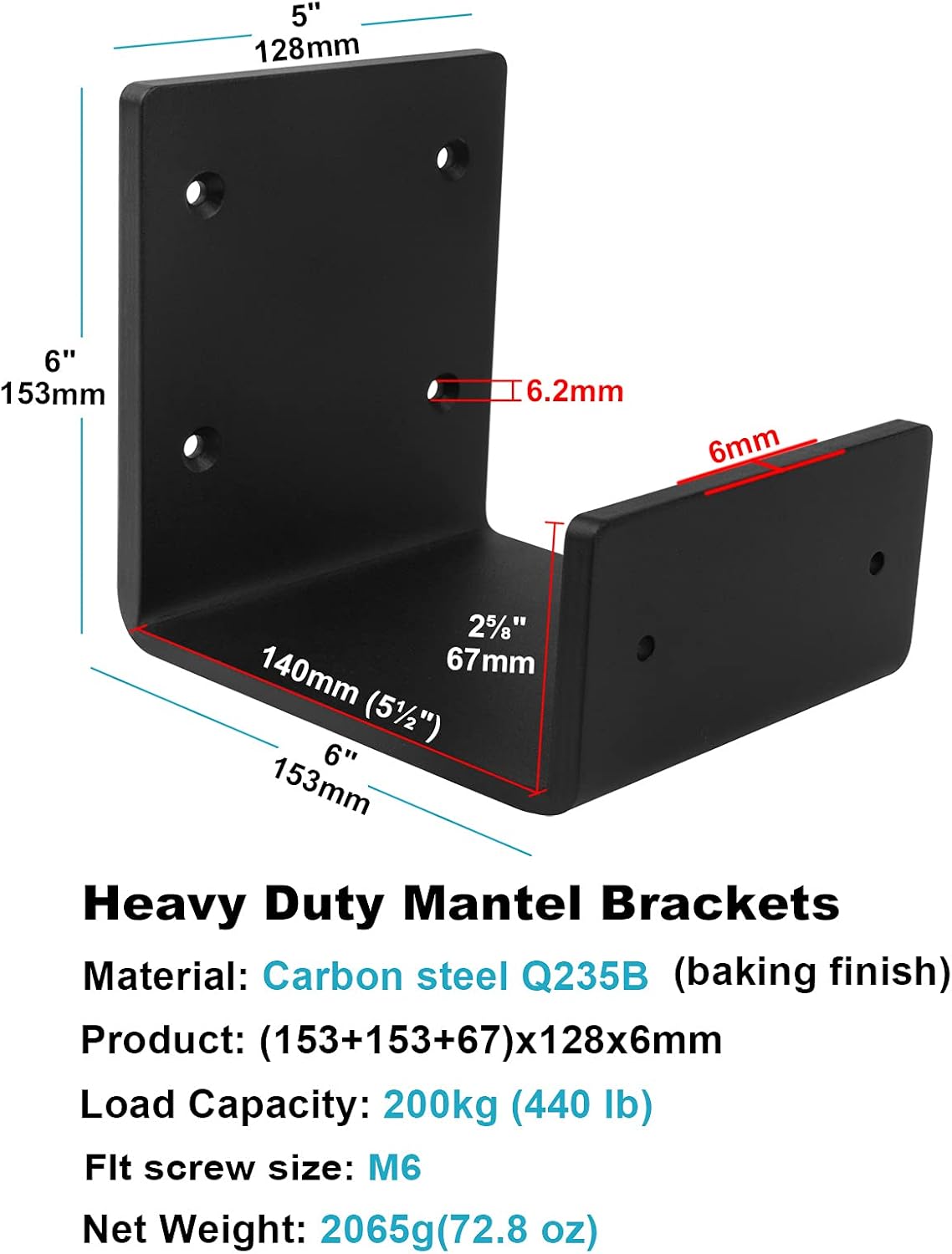 2 Packs Heavy Duty Mantel Brackets, Steel U-Shaped Beam-Style Mantel Support, Floating Shelf Fireplace Bracket, Thickness: ¼