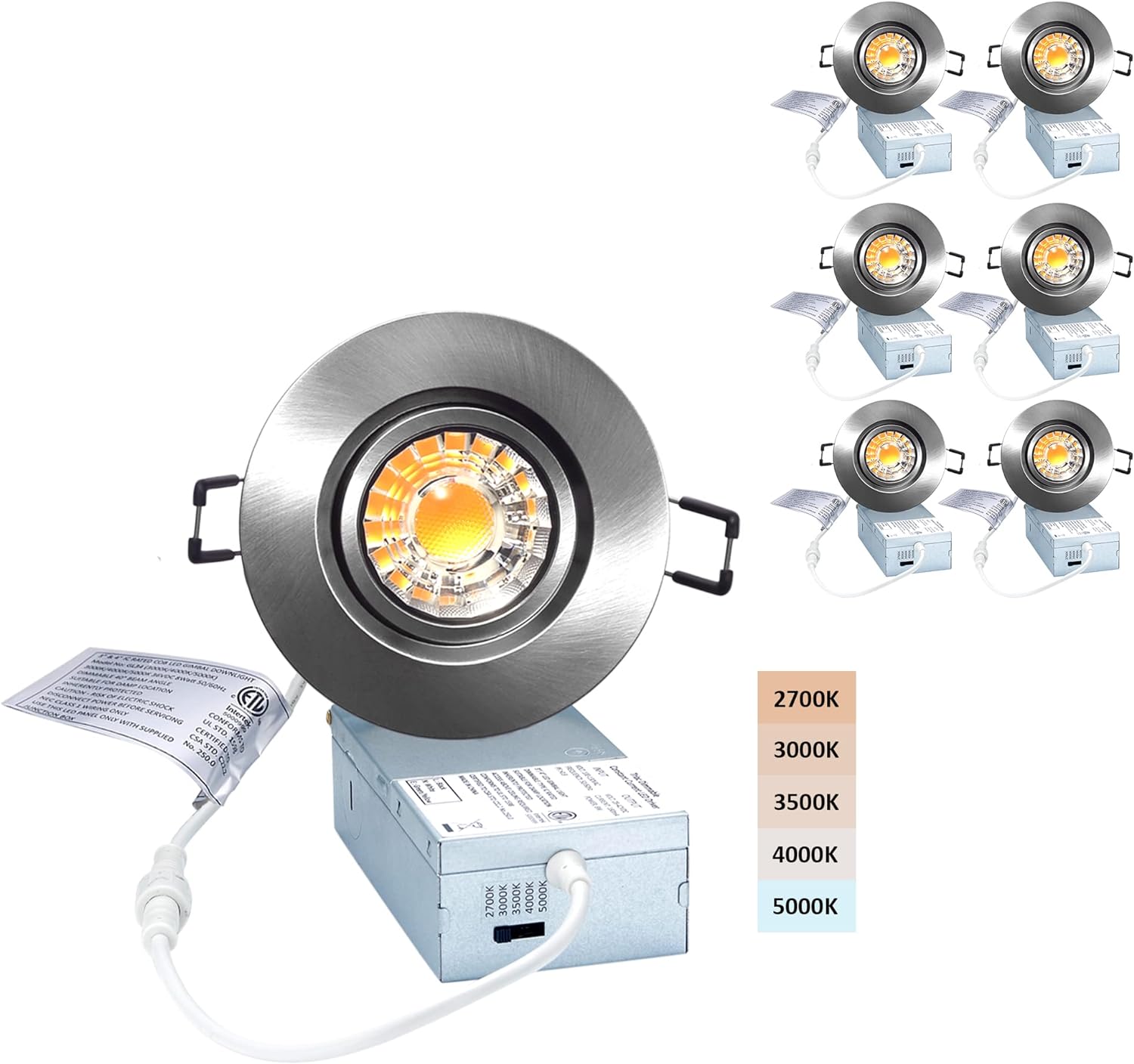 Canless Recessed Gimbal Downlight Rotatable-Spotlight - POPANU 5 CCT 3 Inch Eyeball Ceilling Potlight, Dimmable Recessed Lights Fixture with Junction Box, 8W CCT Adjustable, White Round Trim, 6 Pack Pack of 2