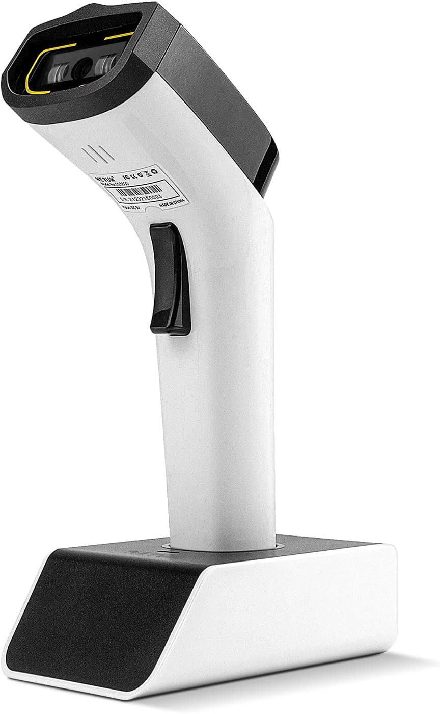 NETUM Fashionable Bluetooth Wireless 1D Barcode Scanner, Hands Free CCD Barcode Reader with Stand and Built-in Memory, Works with MAC OS, Windows, iOS, Android, Transfers Up to 50 Meters DS5000