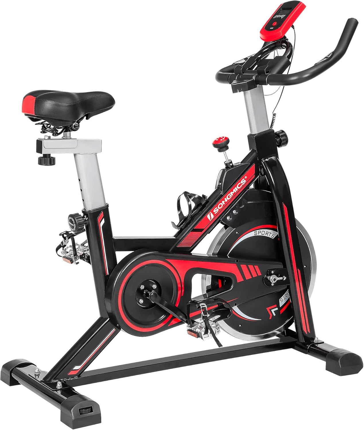 SONGMICS Stationary Bike, Indoor Cycling Bike, Exercise Bike, and Fitness Trainer, with Adjustable Handlebar, Seat, and Resistance, Pulse Sensor, Caged Pedals, Black and Red USEB617R01