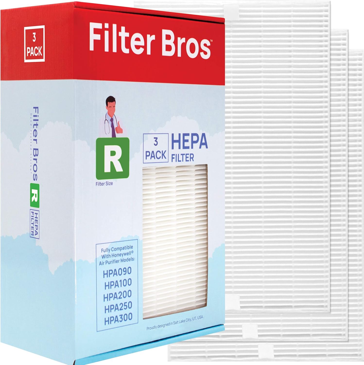 Filter Bros Premium HEPA R Replacement Filter Pack HRF-R3 Compatible with HW Air Purifier Series HPA090, HPA100, HPA200, HPA250 & HPA300 (3) Pack of 2