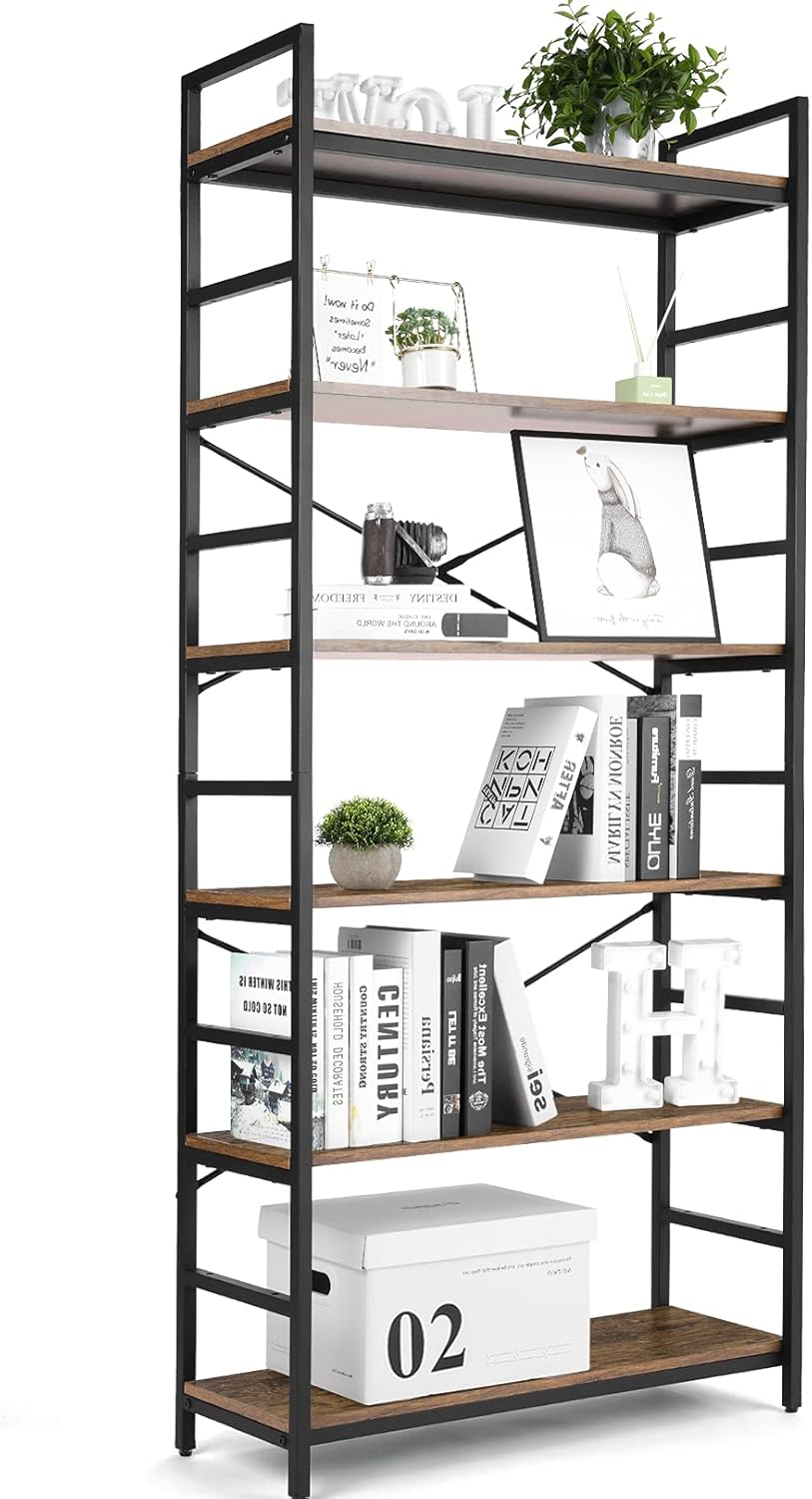 DEVO Book Shelves 6-Tier Storage Shelves Wood Top Bookshelves Tall Industrial Bookshelf and Bookcases Vintage Etagere Bookcase with Black Metal Frame Display Shelf Storage Organizer for Living Room