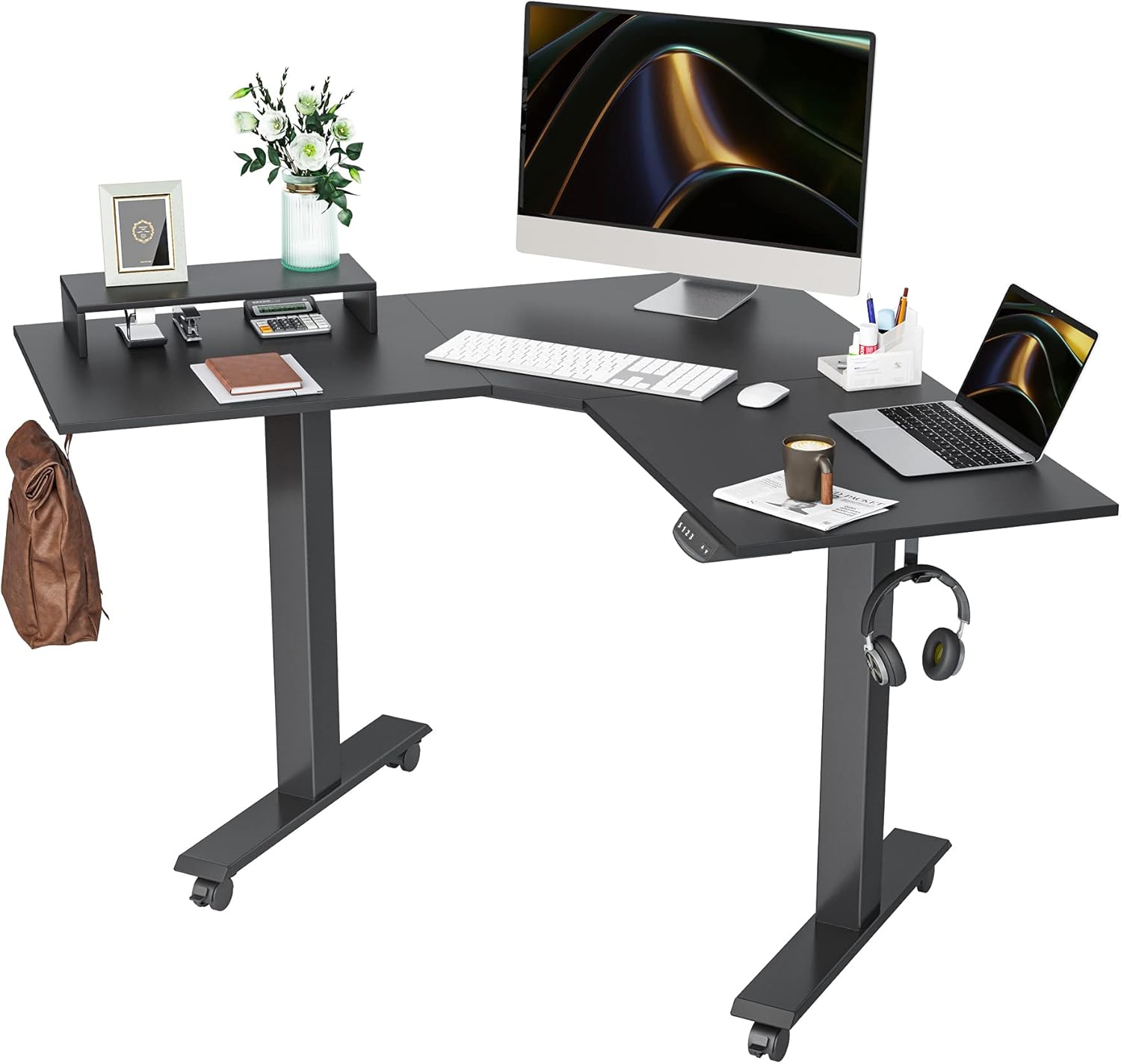 BANTI Dual Motor L-Shaped Electric Standing Desk, 48 Inches Adjustable Height Stand Up Desk, Sit Stand Home Office Desk with Rustic Brown Top/Black Frame