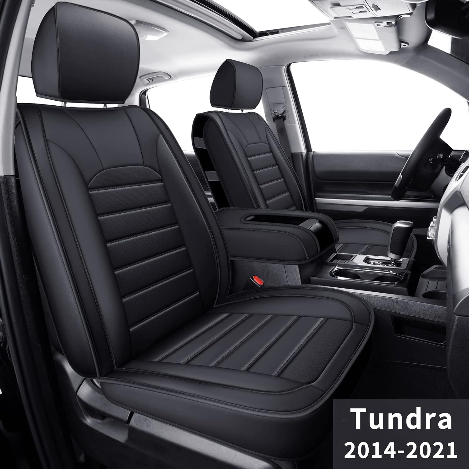 LUCKYMAN CLUB Tundra Front-only Seat Covers J02-A3, Fit 2014-2021 Crew/Crewmax/Extended/Double/Regular Cab with Faux Leather (Black Front)