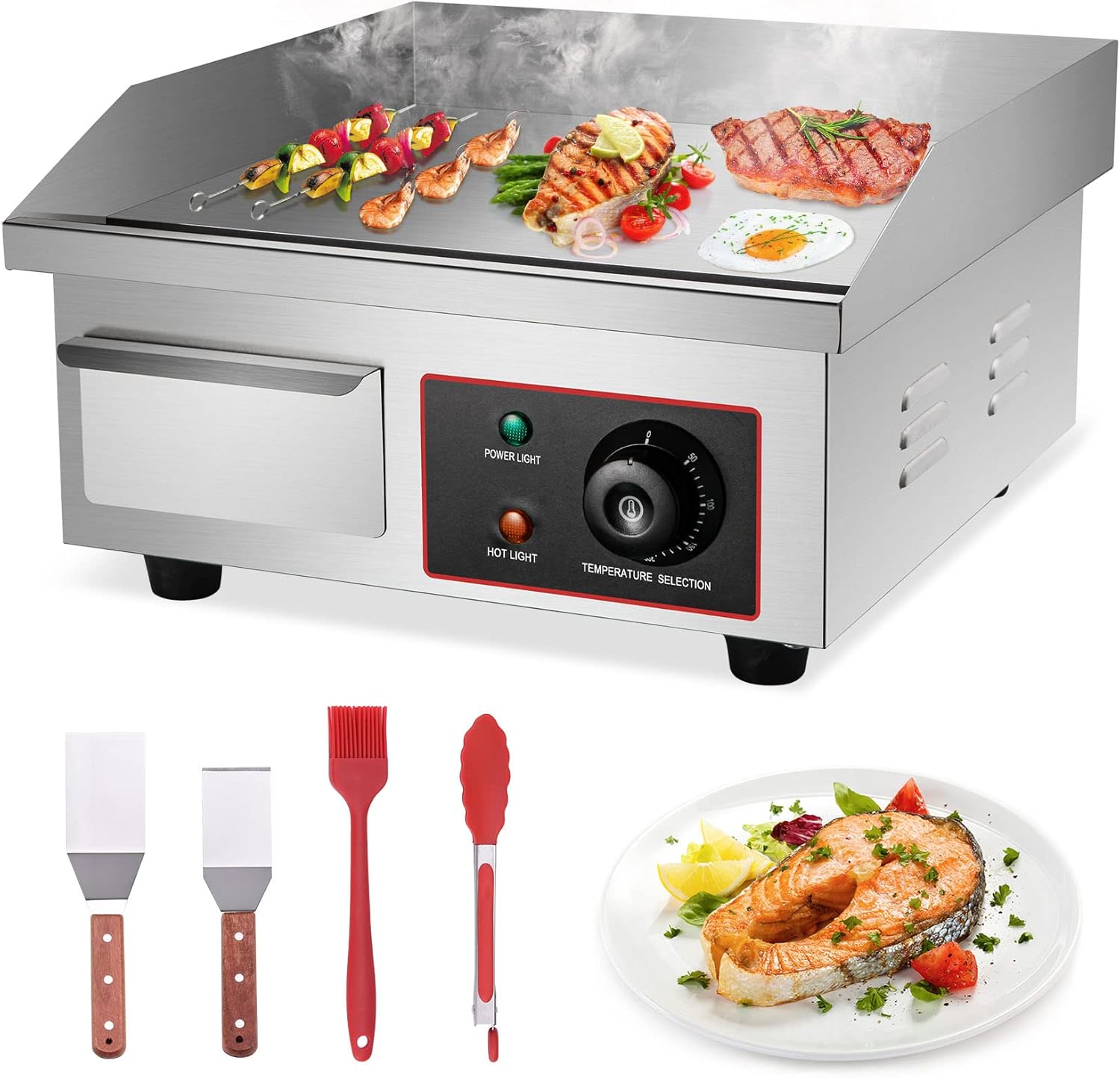 PNKKODW 1500W Commercial Griddle,14&rdquo; Electric Griddles Grill,Commercial Flat Top Griddle Countertop Griddle Hot Plate Kitchen Stainless Steel Restaurant Grill with Griddle Accessories