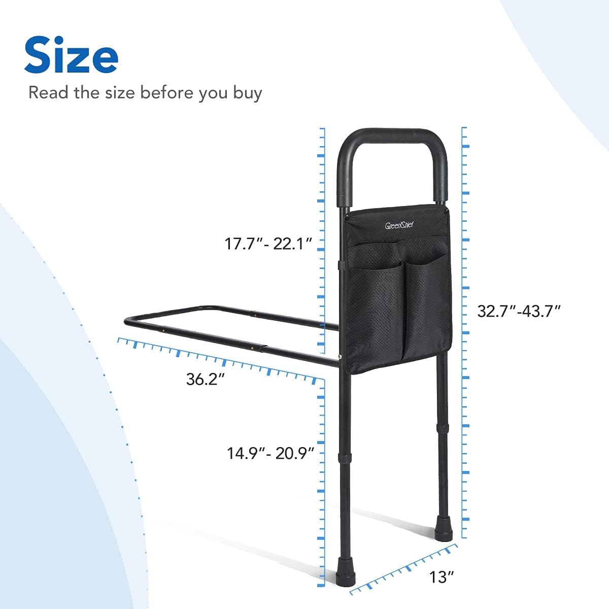 GreenChief Bed Assist Rail for Elderly Seniors, Medical Adjustable Bed Assist Bar Fall Prevention Safety Hand Guard Grab Bar with Storage Pocket Adult Bed Rail Cane Fits King, Queen, Full, Twin, Black Pack of 2