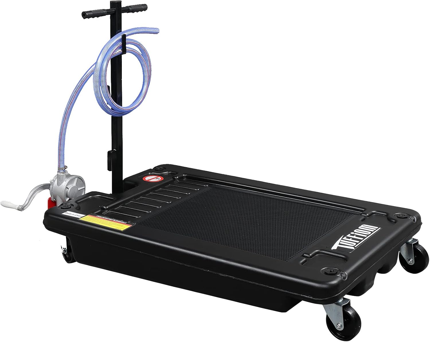 TUFFIOM Portable 17 Gallon Oil Drain Pan with Pump & Foldable T-Handle, Low Profile Oil Change Pan with 8' Hose & Swivel Caster Wheel for SUV Car & Trucks, No-Spill with Tray Mesh, Black