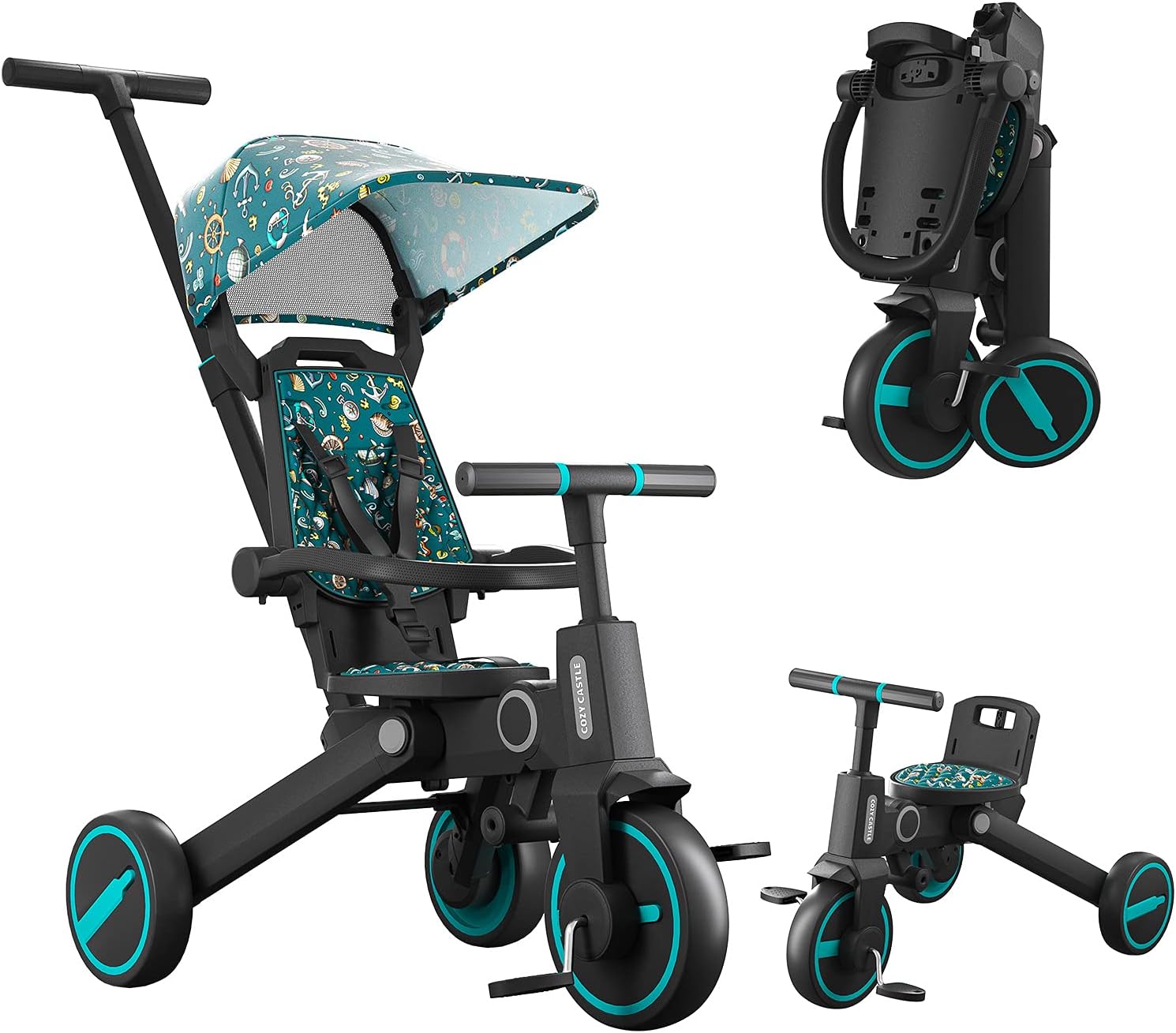 Cozy Castle Baby Tricycle for Toddlers, 7-in-1 Toddler Tricycle with Adjustable Canopy and Handle, Foldable Tricycle Stroller with Detachable Pedals,Toddler Tricycle with Rotatable Seat(Blue)