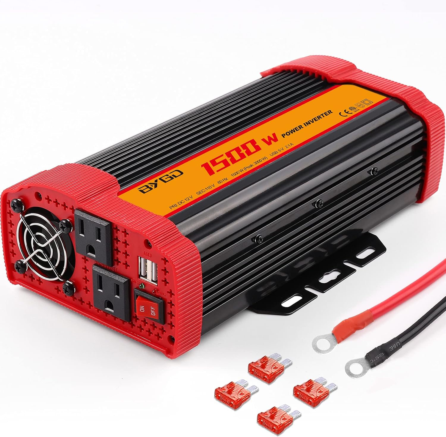 1500W Power Inverter DC 12V to 110V AC Converter and Peak Power 3000W Car Inverter with 2 x 2.1A USB Ports Quick Charging Car Charger, Solar Inverter ETL Listed