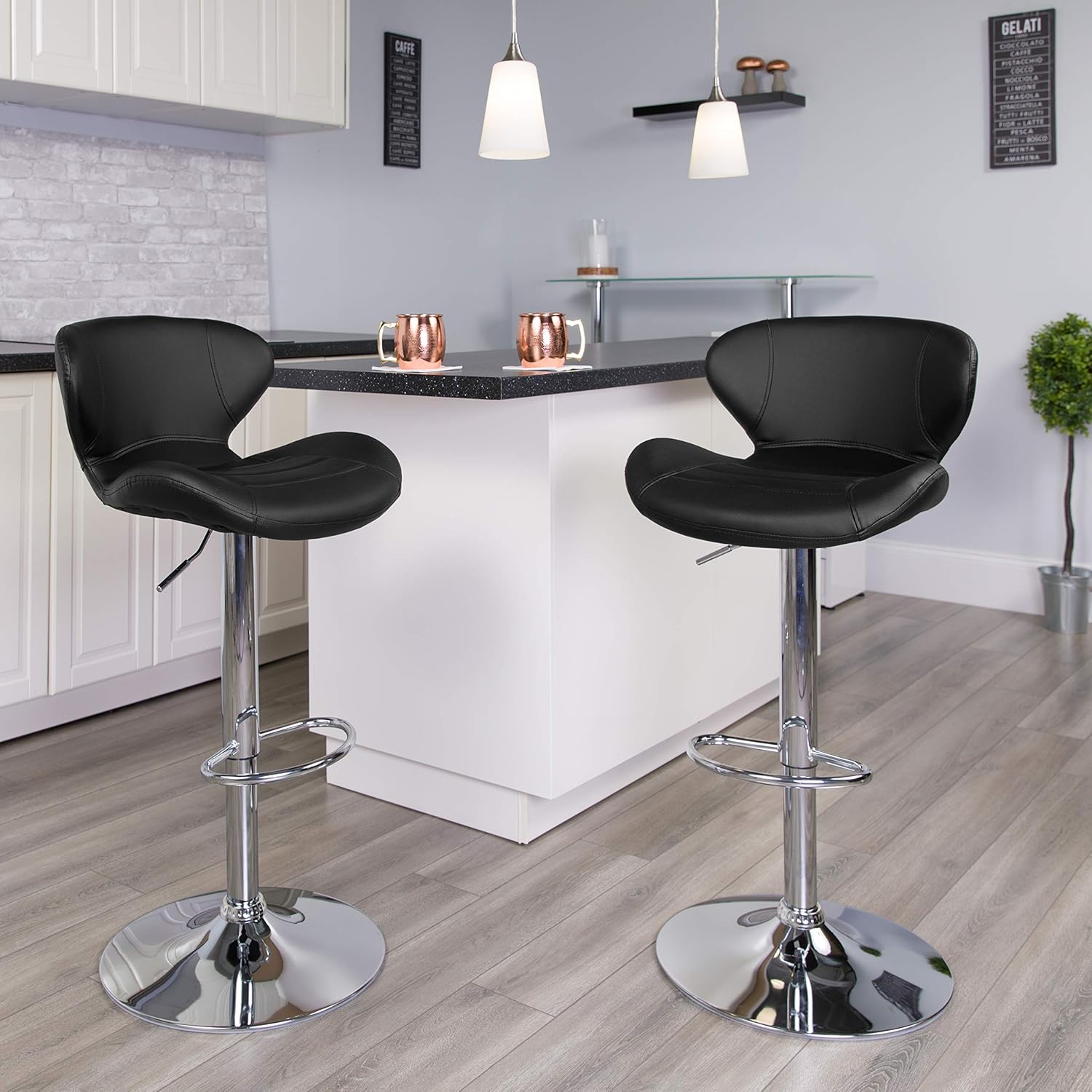 Flash Furniture 2 Pack Contemporary Gray Fabric Adjustable Height Barstool with Curved Back and Chrome Base