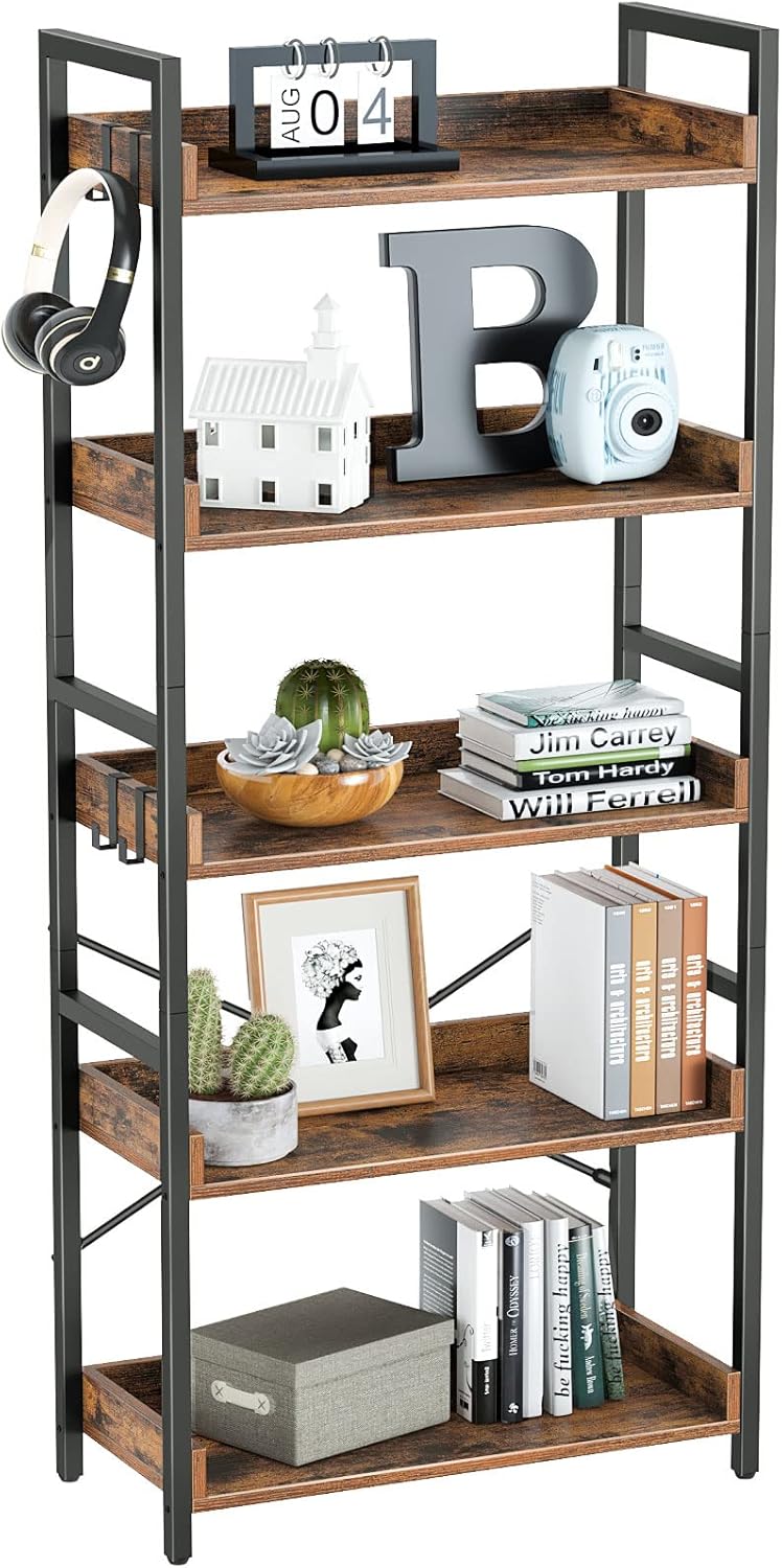 Rolanstar 5 Tier Bookshelf, Industrial Wood Bookcase with 4 Hooks, Vintage Storage Rack with Open Shelves, Rustic Standing Bookshelves Metal Frame Display Rack for Living Room,Bedroom, Rustic Brown