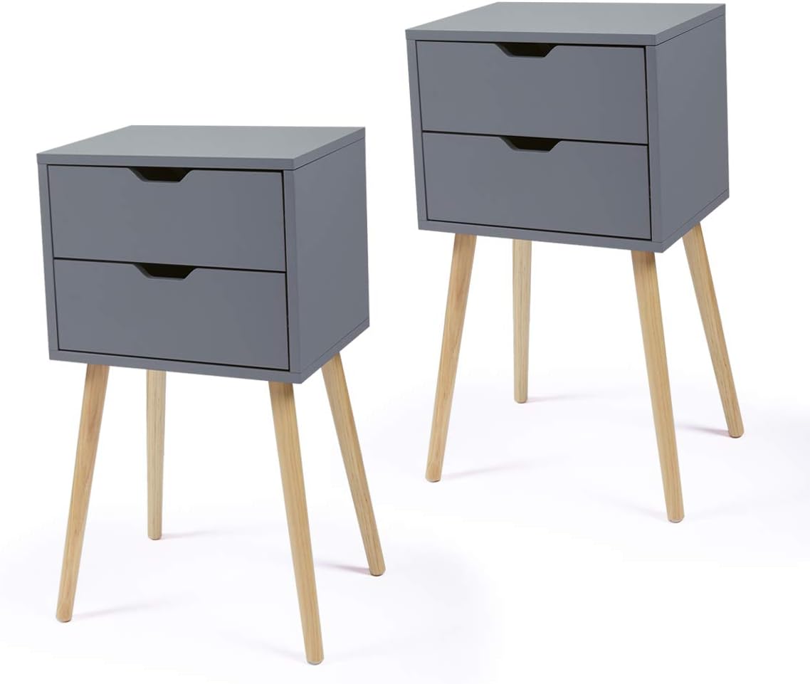 Nightstand End Tables with 2 Storage Drawers, Solid Wood Legs Sofa Side Table, Modern Tall Accent Night Stands for Bedroom Furniture Set of 2, Easy Assembly, White