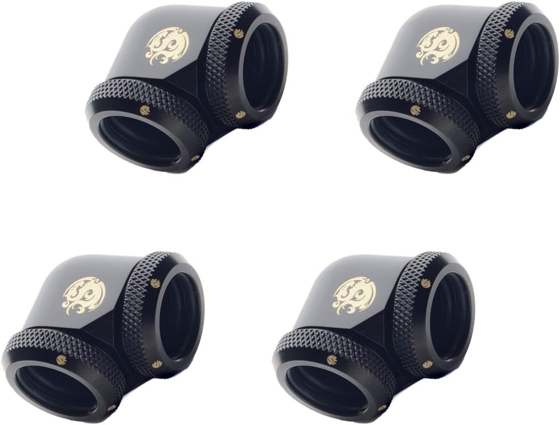 Bitspower Dual Enhance Multi-Link Adapter Fitting for 16mm OD Rigid Tubing, 90 Degree Angle, Matte Black, 4-Pack