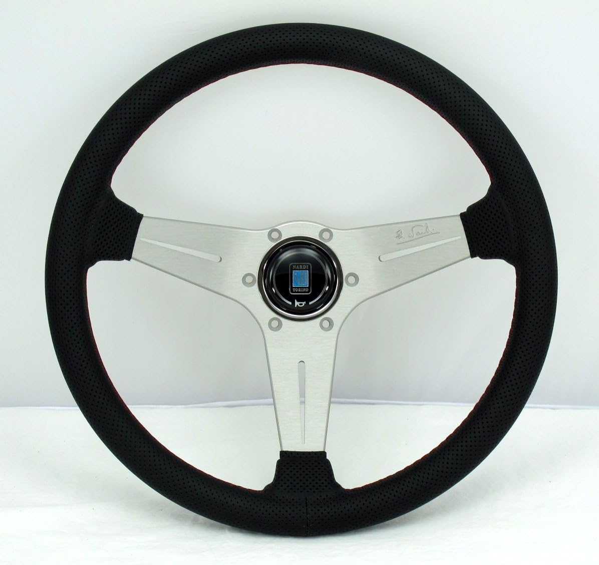 Nardi Steering Wheel - Deep Corn - 350mm (13.78 inches) - Black Perforated Leather with Red Stitching - White Anodized Spokes - Classic Horn Button - Part # 6069.35.1093