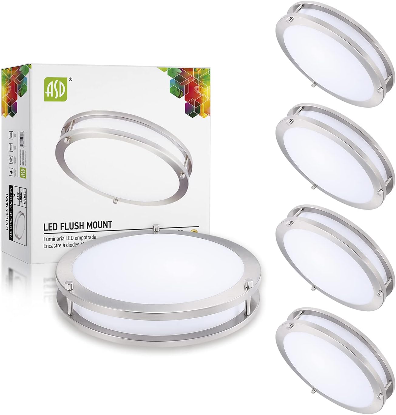 ASD 14 Inch LED Flush Mount Ceiling Light, 21W (170W Equivalent), 120-277V, 1500 Lm, Brushed Nickel Close to Ceiling Light Fixture for Kitchen Hallway Laundry, 3000K, Energy Star, ETL (4 Pack)