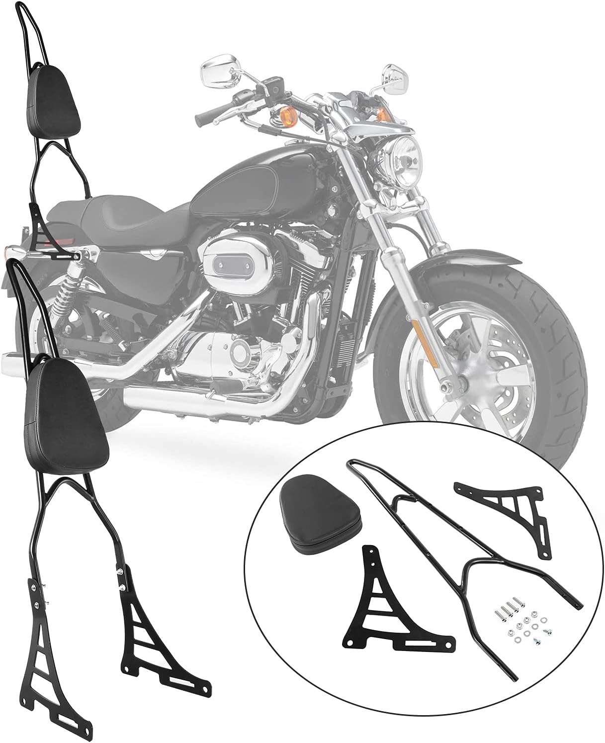 INNOGLOW Motorcycle PU Backrest Rear Passenger Driver Rider Backrest Detachable Sissy bar Kit with Leather Back Rest Seat Pad Fits For Harley Sportster XL883 XL1200 04-UP(Black)