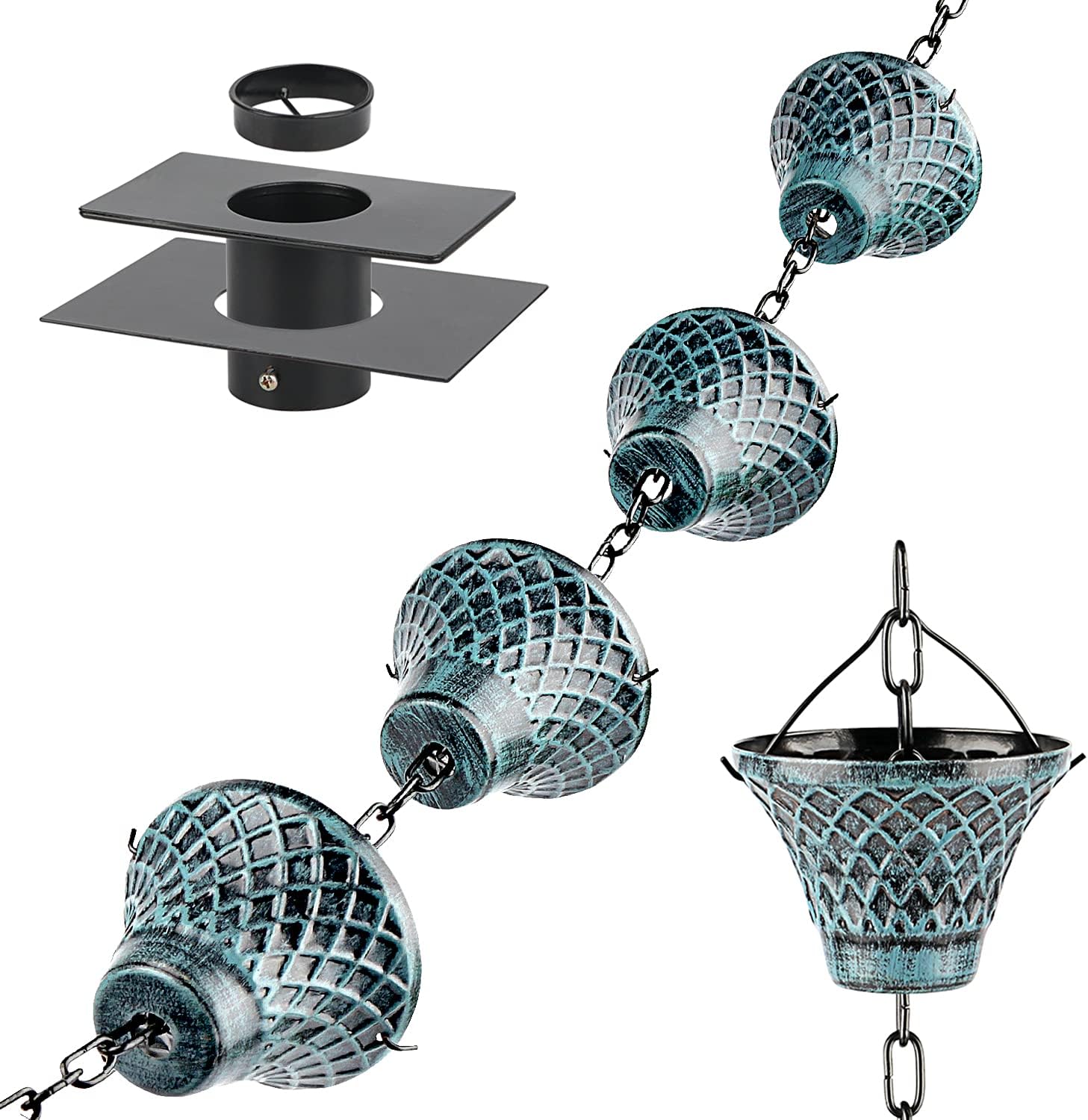 Hanayard Rain Gutter Chains Blue Grid Downspout Diverter Decorative Iron Rain Water Garden Extension with Installation, 8.5 Ft Pack of 2