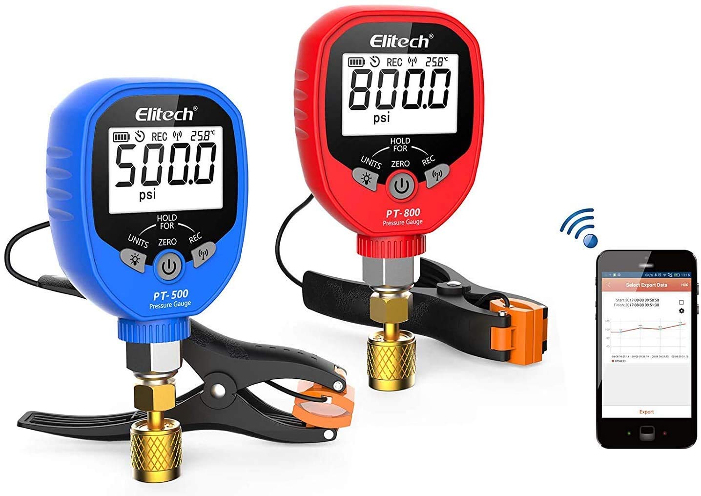 Elitech PT-500&PT-800 Wireless Refrigeration Digital Manifold Gauge Set HVAC with Pipe-Clamp Thermometer 1/8'' NPT