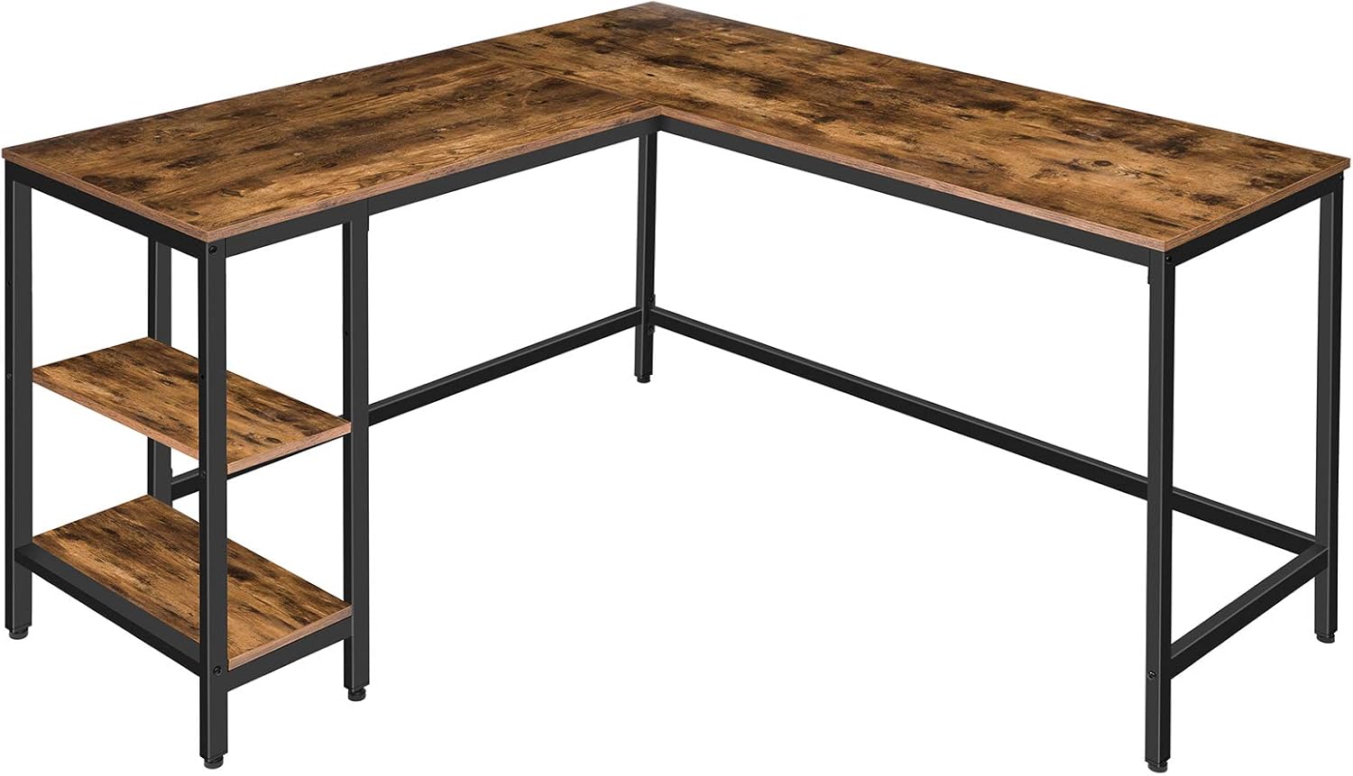 HOOBRO L-Shaped Computer Desk, Industrial Corner Writing Desk with Adjustable Shelves, Study Workstation for Home Office, Easy Assembly, Stable and Space-Saving, Rustic Brown and Black BF35DN01