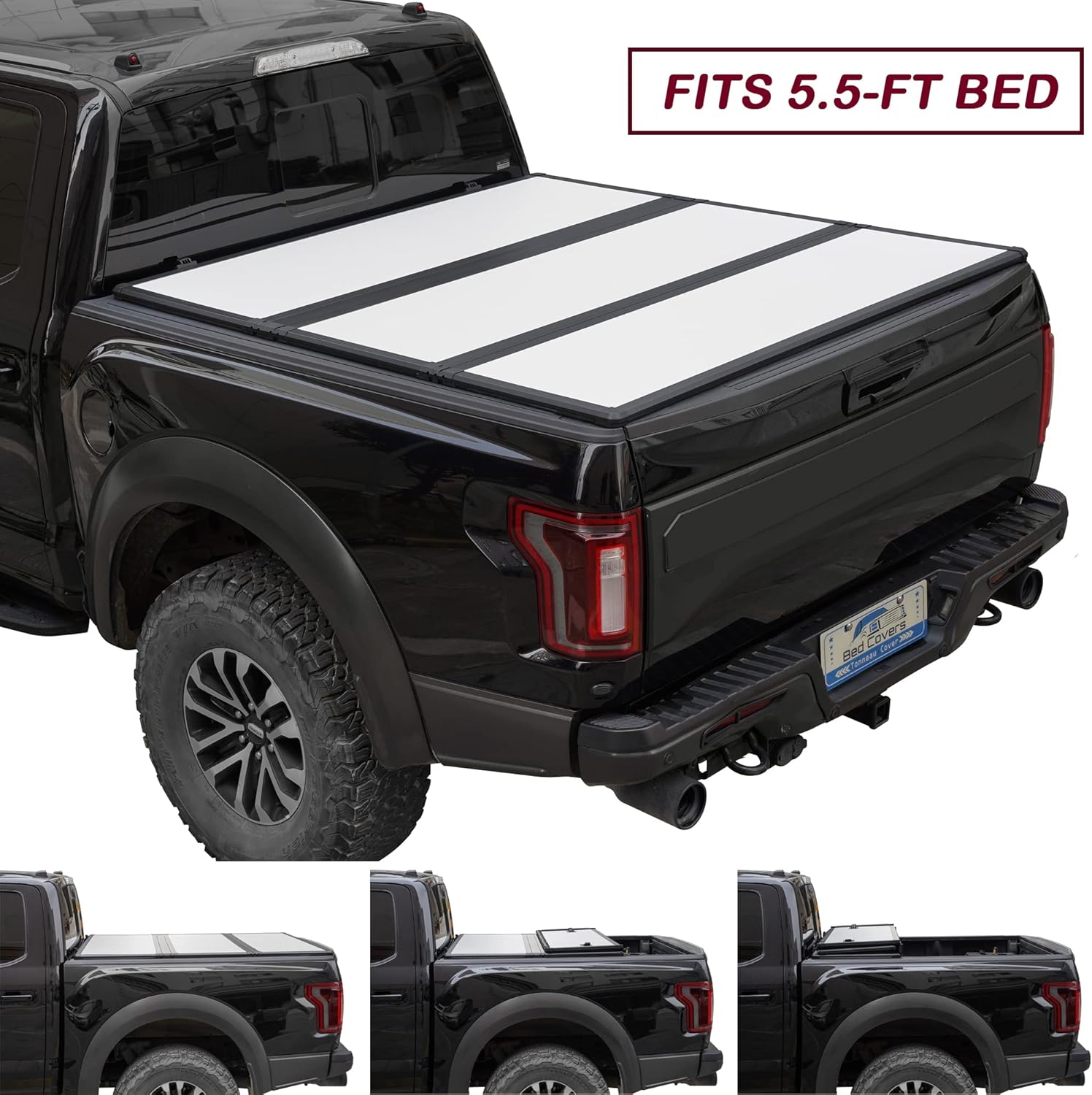 Kikito Professional FRP Hard Tri-Fold Truck Bed Tonneau Cover for 2015-2022 F150 5.5ft (67.1in) Bed (Black and White)