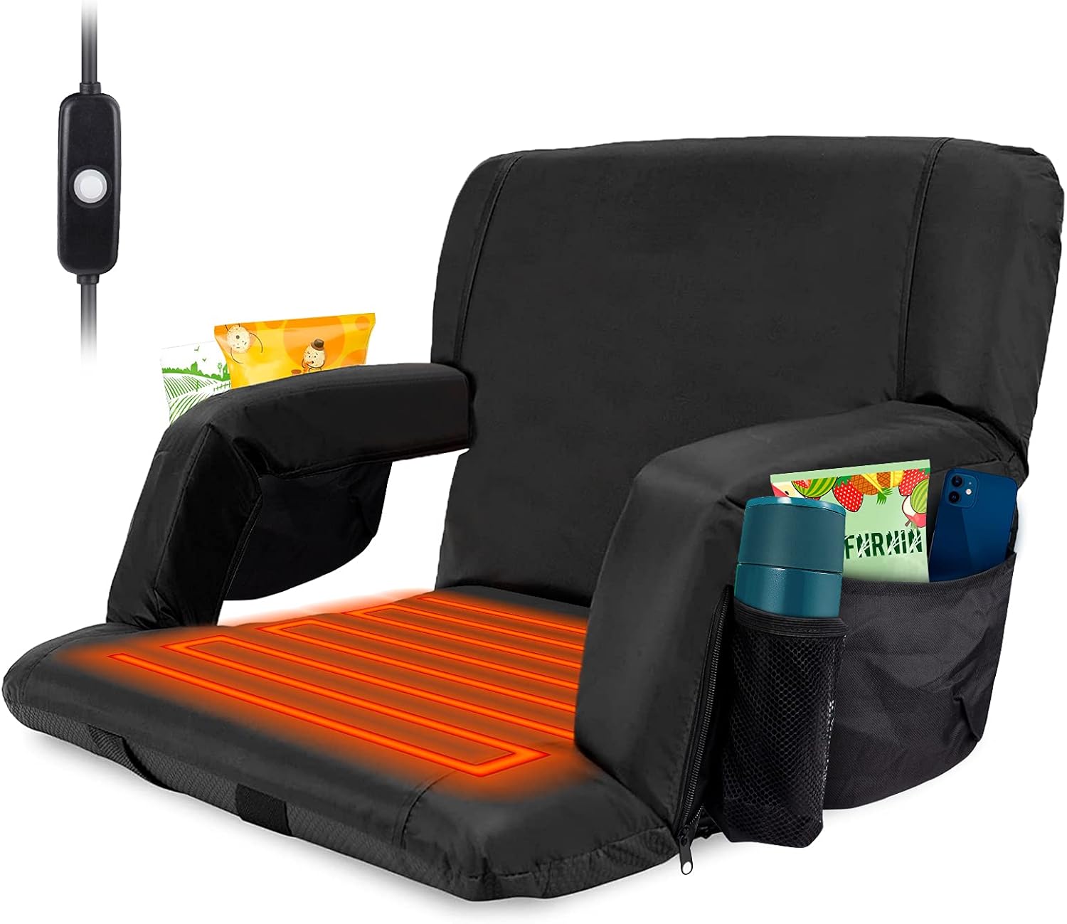 Uekars Extra Wide Heated Stadium Seats for Bleachers,25'' Heated Bleacher Seat with Back Support,6 Reclinng Positions Foldable Portable Stadium Chair for Sports,Games,Camping -USB Battery Not Included