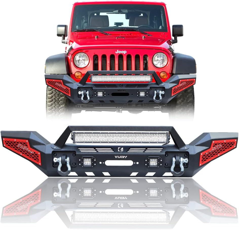NW Black Texture Full Width Steel New Front Bumper With Winch Plate&LED Lights&D-Rings Fit 2007-2022 Wrangler JK/JL&Gladiator JT