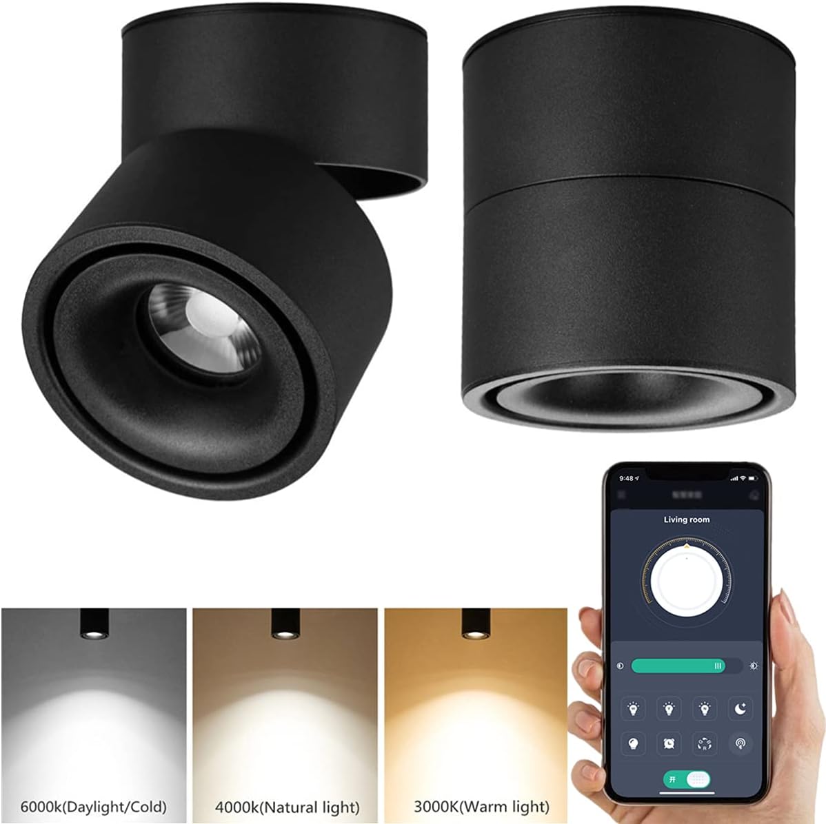 Smart LED Dimmable Ceiling Spotlight - 360&deg;Adjustable Indoor Surface Mounted 10W COB Lighting -via APP Stepless Dimming Warm Light 3000K to Cool White 6000K Ceiling Downlight-Wall Swivel Lamp (White)