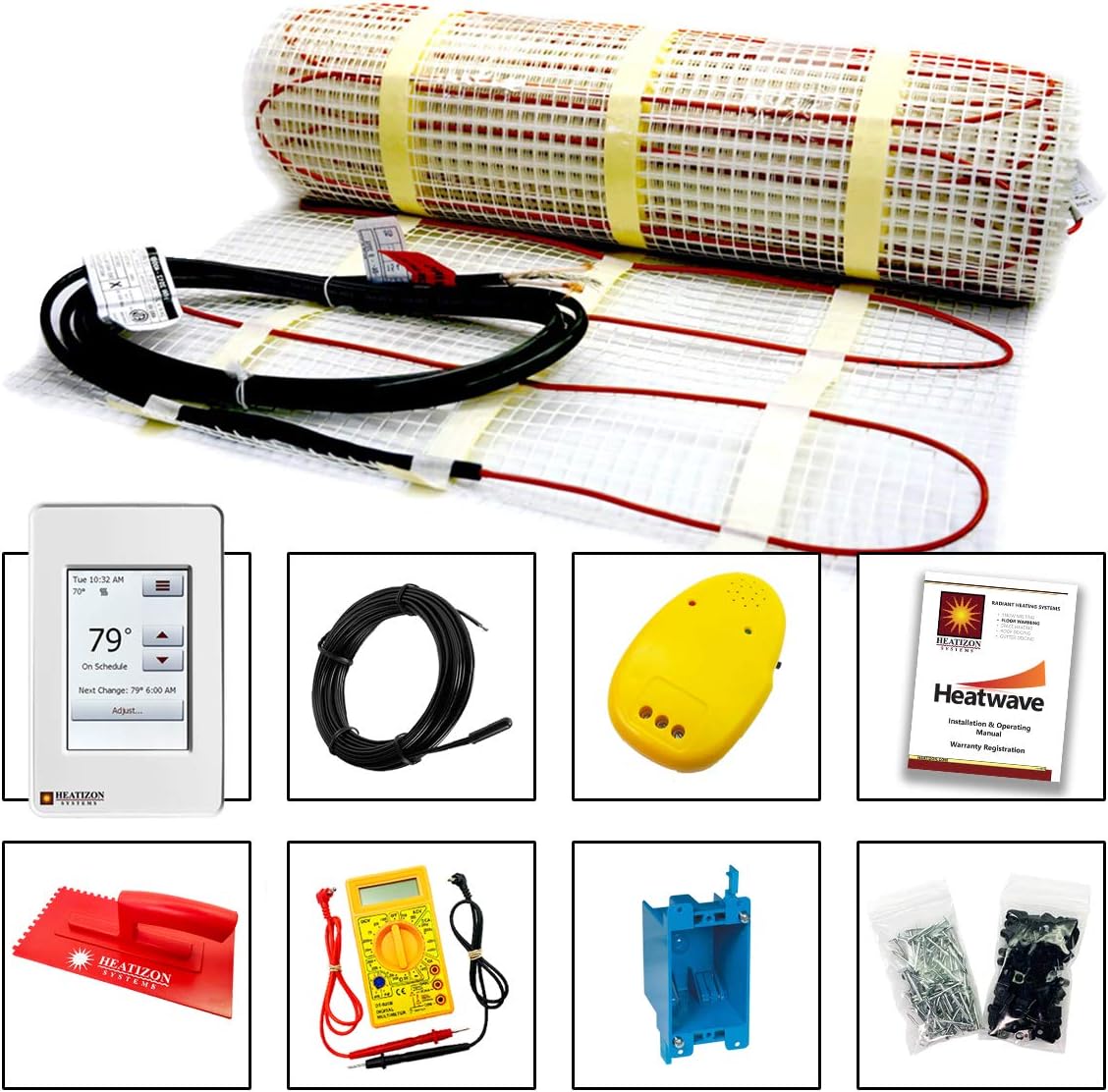 HeatWave Premium Electric Floor Heating System with GFCI Touchscreen Thermostat, Floor Alarm, Multi-Meter & Installation Accessories (10 sq ft)