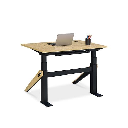 NBF Bend HeightAdjustable Desk 48x22W x 27x22D Stone Grain Laminate Top/Black Steel/Solid Wood Accent Base Signature Series (582