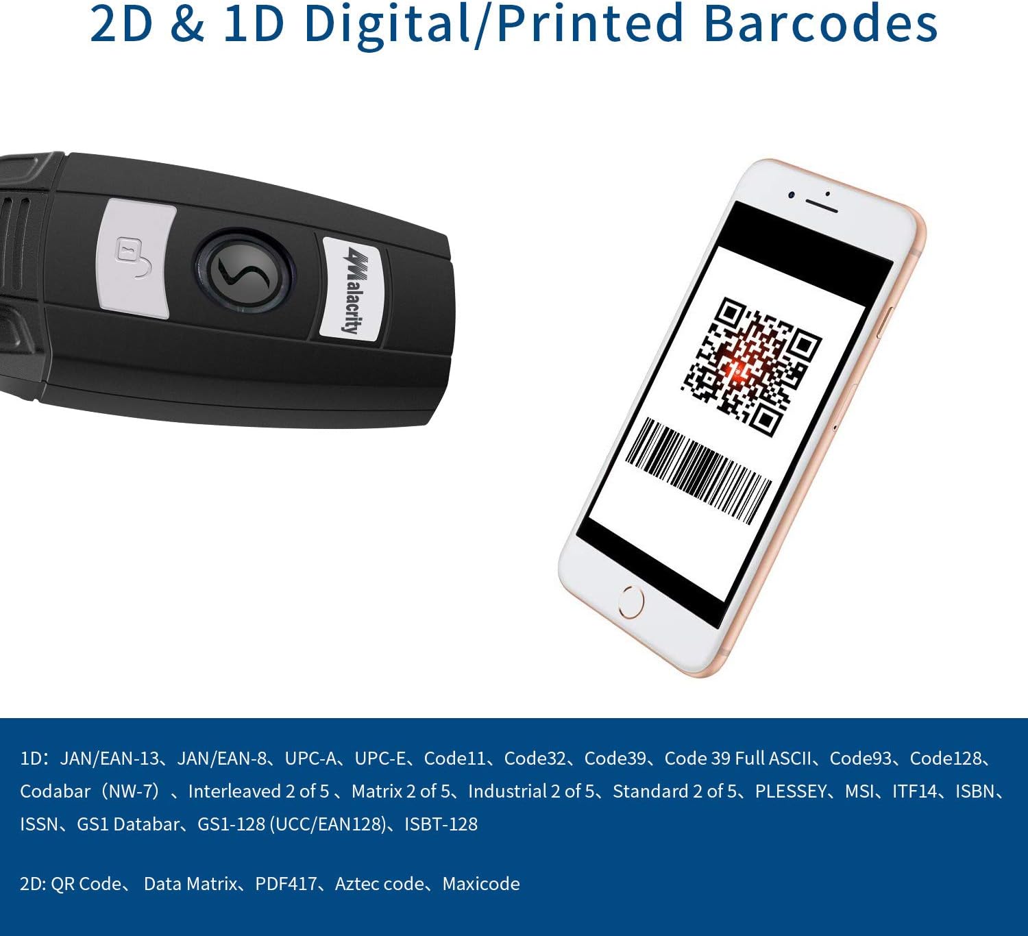 1D 2D Bluetooth Wireless Barcode Scanner,Alacrity Portable QR Handheld Mini Barcode Reader for Windows,Android,iOS,Mac.Able to Scan Codes on Screen