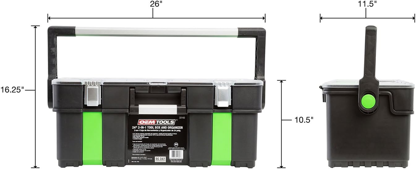 OEMTOOLS 22182 24 Inch 2-in-1 Tool Box and Organizer, Plastic Portable Tool Box with Organizer Lid, Removable Organizer, Lockable, Capacity of 40 Pounds Pack of 2