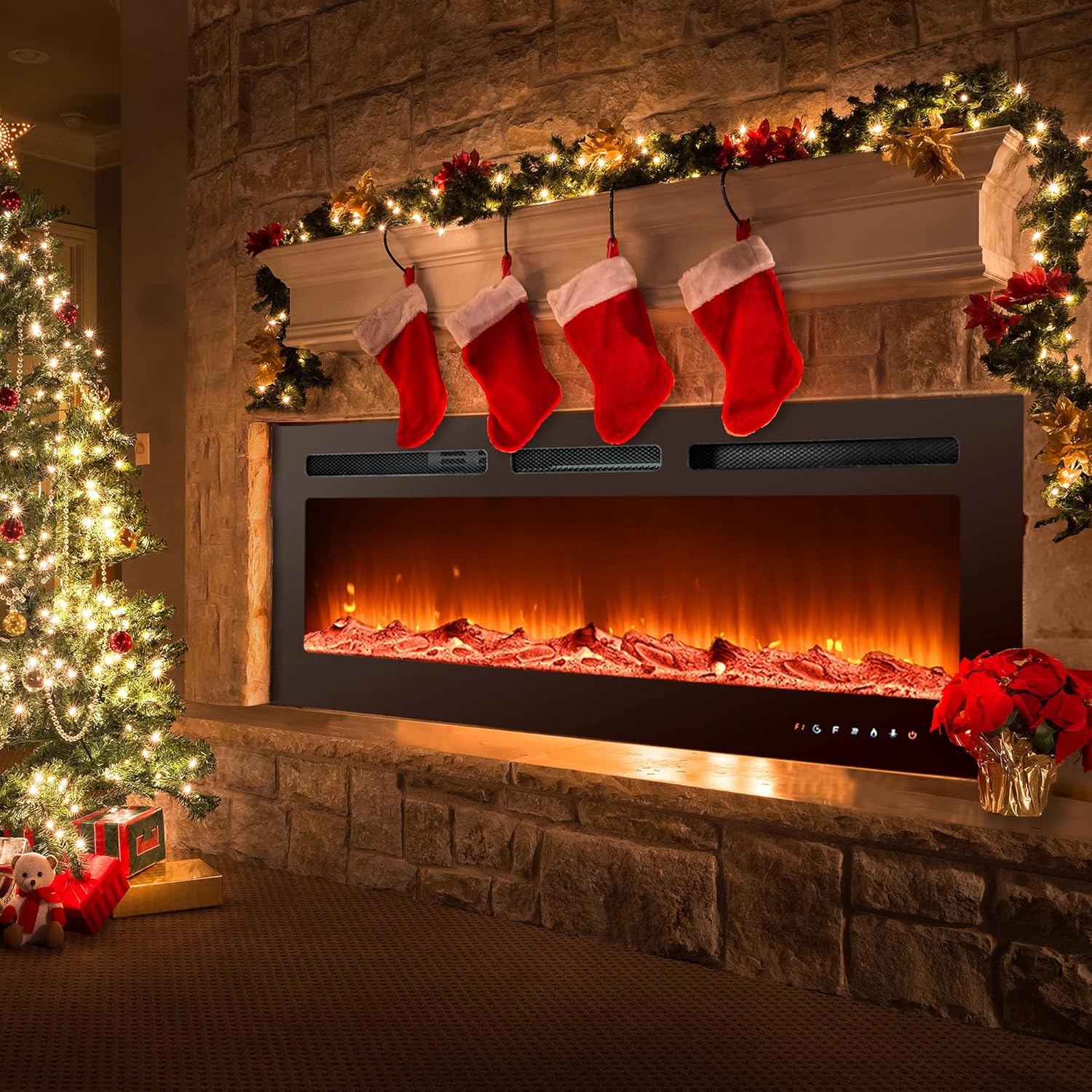 Euhomy 50inch Electric Fireplace, Recessed and Wall Mounted Fireplace Heater, Adjustable Brightness, Multiple Colors, Dual Control Remote and Touch Screen, Indoor Heater with Timer, 750W/1500W