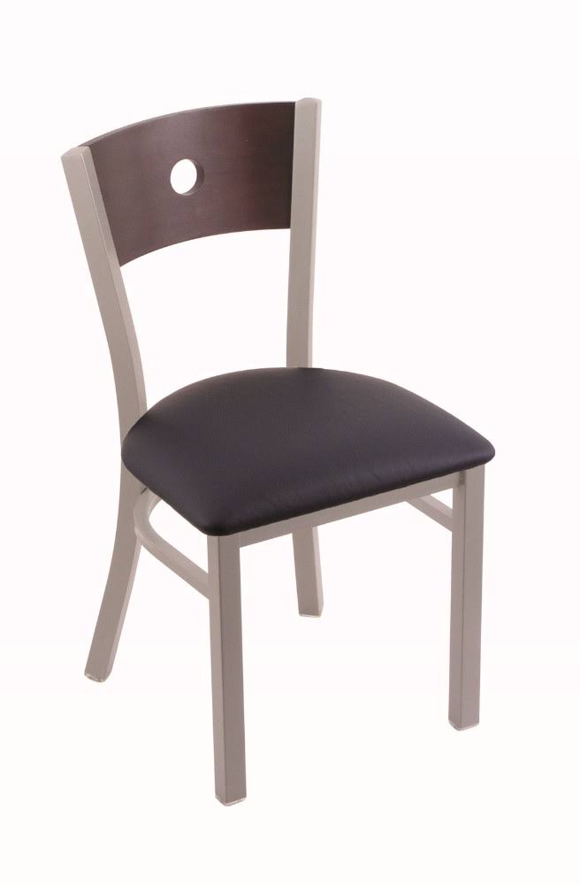 Holland Bar Stool 630 Voltaire 18x22 Chair with Anodized Nickel Finish, Allante Dark Blue SEAT, and Dark Cherry Maple Back