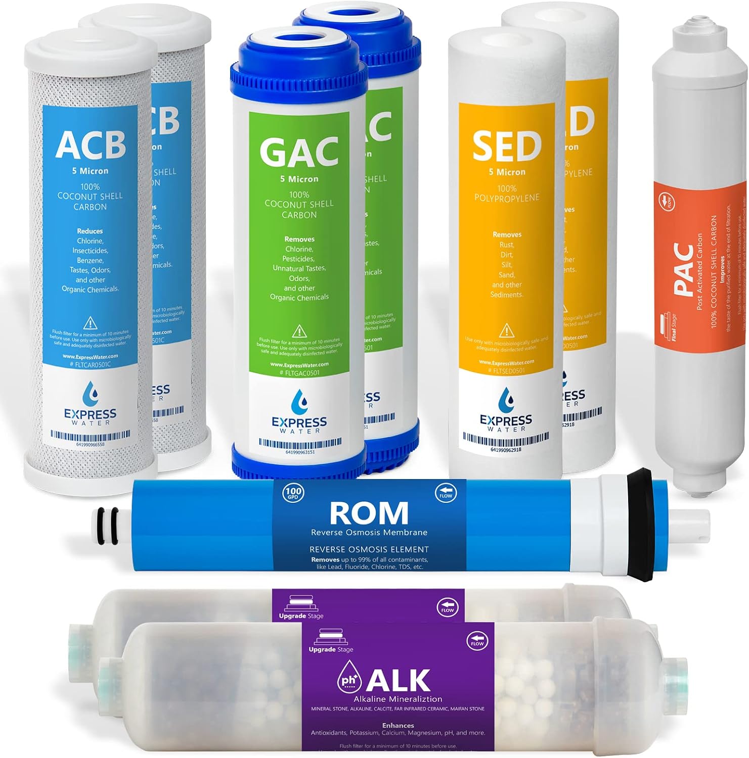 Express Water FLTSETALK105Q 1 Year Alkaline Reverse Osmosis System Replacement Set – 10 Filters with 50 GPD RO Membrane Count (Pack of 1), Blue, Green, Yellow, Pink, Purple, White