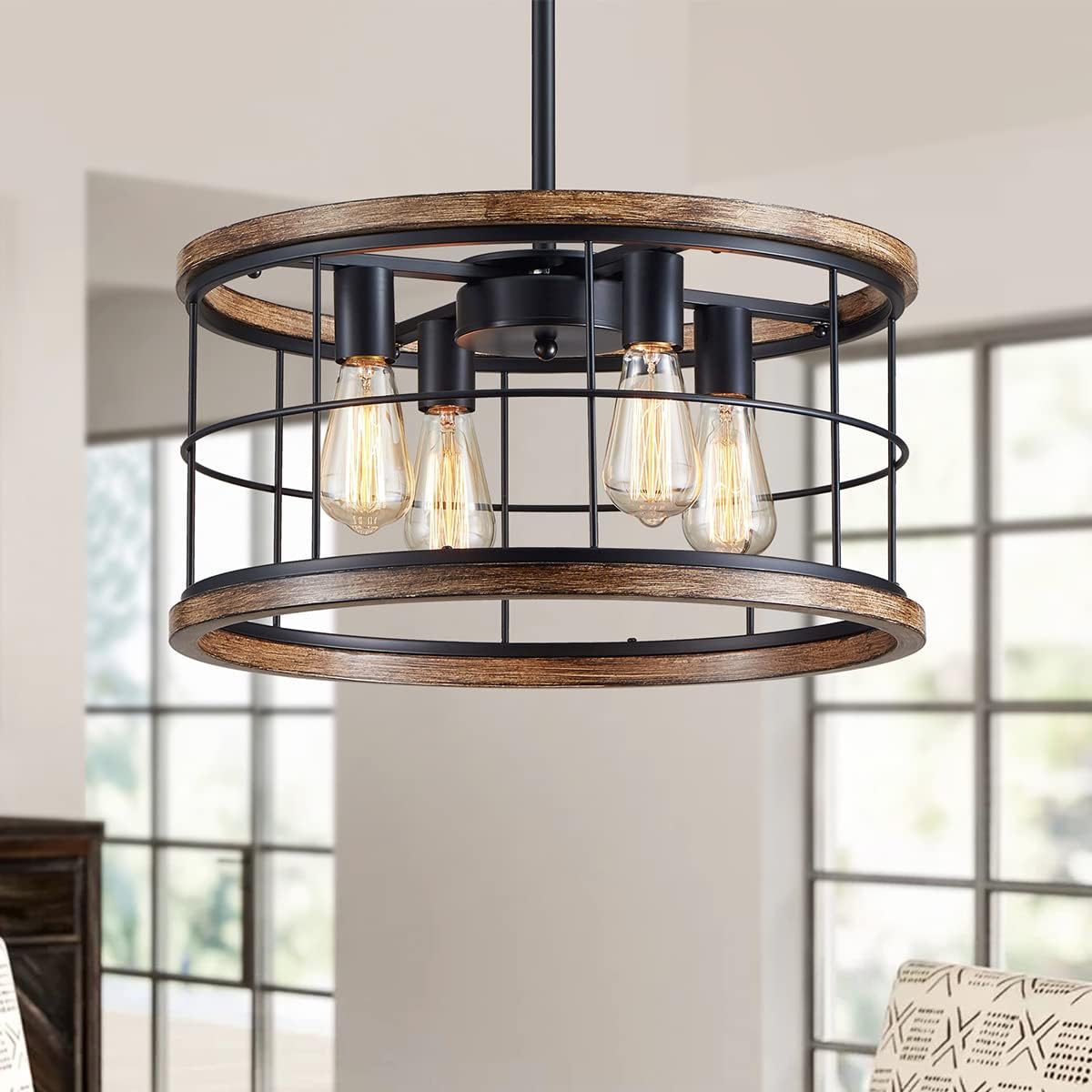 XINGQI Drum Chandelier, Rustic Ceiling Light Black + Reclaimed Oak Style Wood Finish with Metal Shade Farmhouse Pendant Lighting for Living Room Dining Room Bedroom Kitchen Island 4 Light