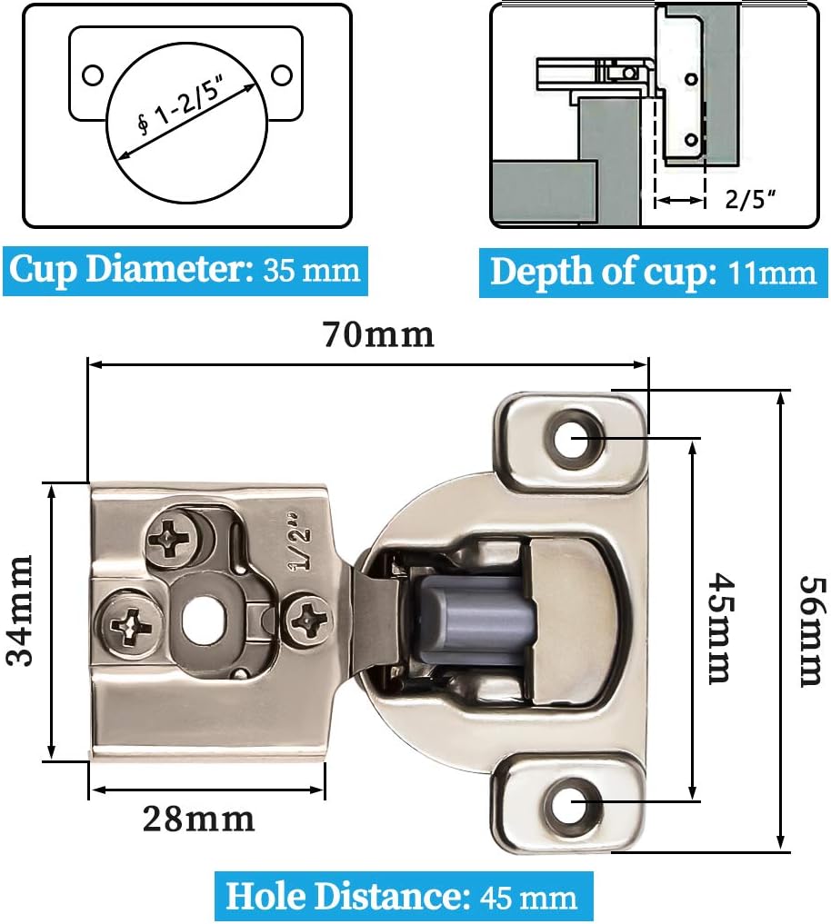 KONIGEEHRE 50 Packs Soft Close 1/2&rdquo; Overlay Face Frame Cabinet Hinge 35 mm Cupboard Door Hinges 105-Degree Concealed Hinges for Kitchen cabinets, Nickel Plated Steel